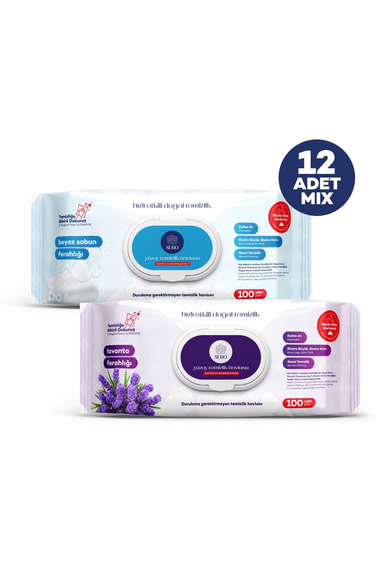 SUBO YÜZEY TEMİZLİK HAVLUSU 100 'LÜ MİX 12 X100 (6 L.FERH + 6 B.SABN.FERH )