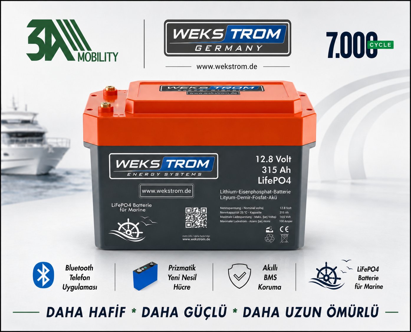 WEKSTROM GERMANY Lityum Demir Fosfat Akü 12,8 V 315 Ah LiFePO4 Bluetooth