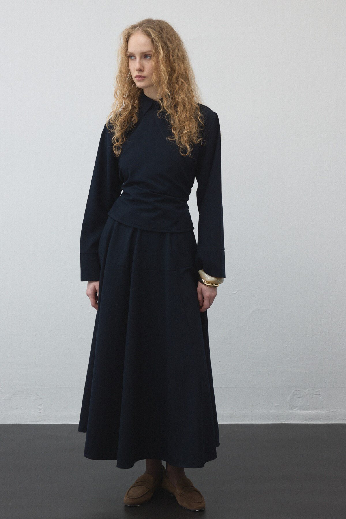 Navy Blue Belted Wrap Shirt