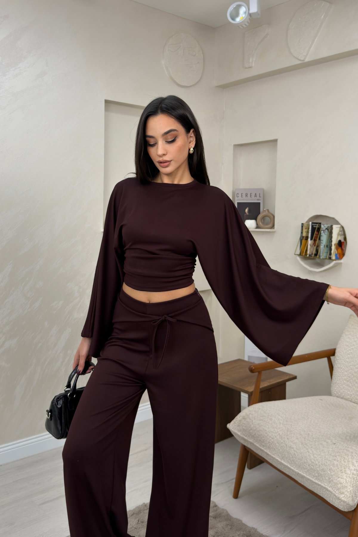 Alice Bordo Renkli Yarasa Kol Crop Bluz Genis Paca Pantolon Takim | miraylawear