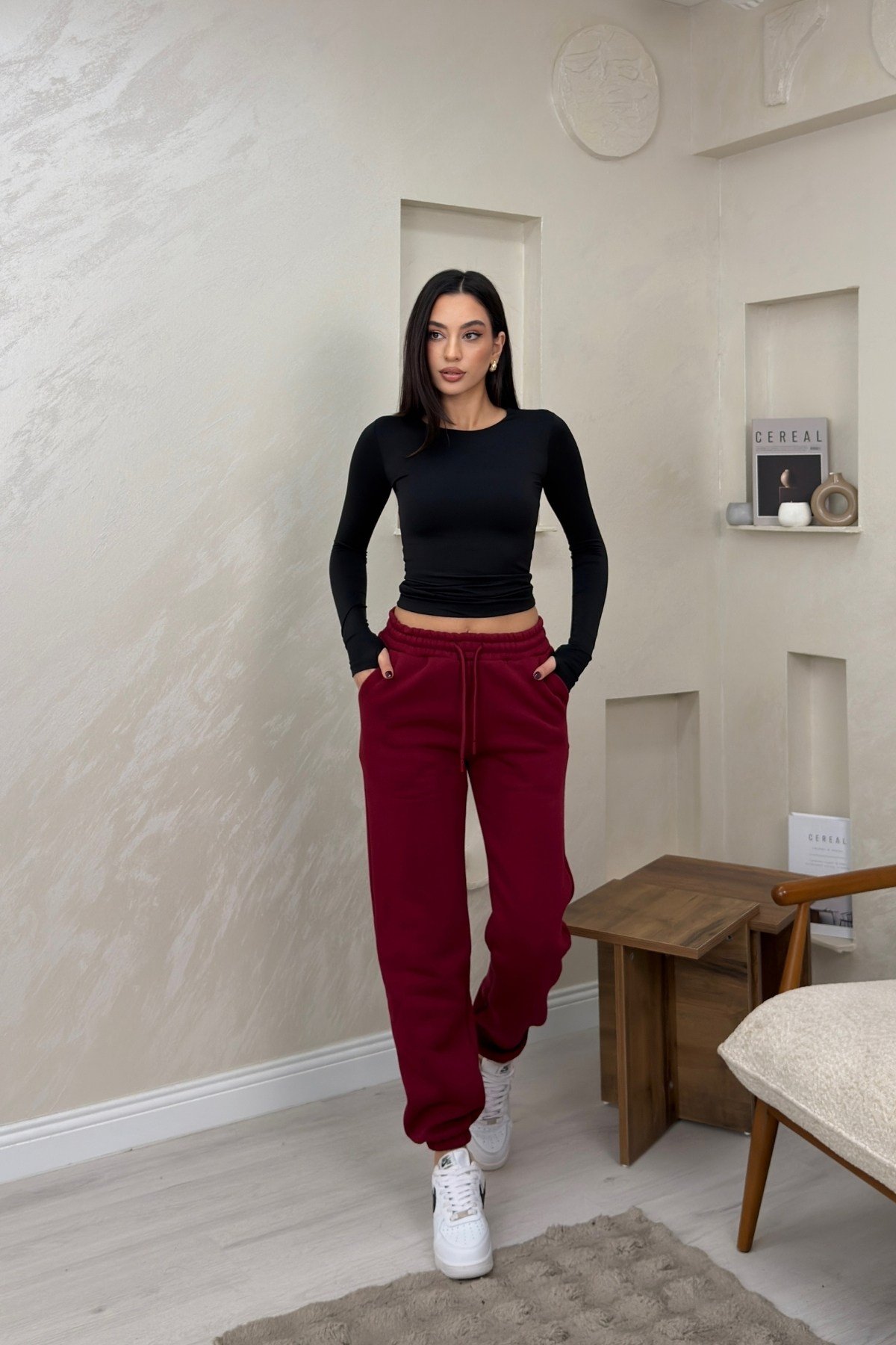 Amaris Bordo Renkli Bol Paça Beli Lastikli Kadın Eşofman Altı | miraylawear