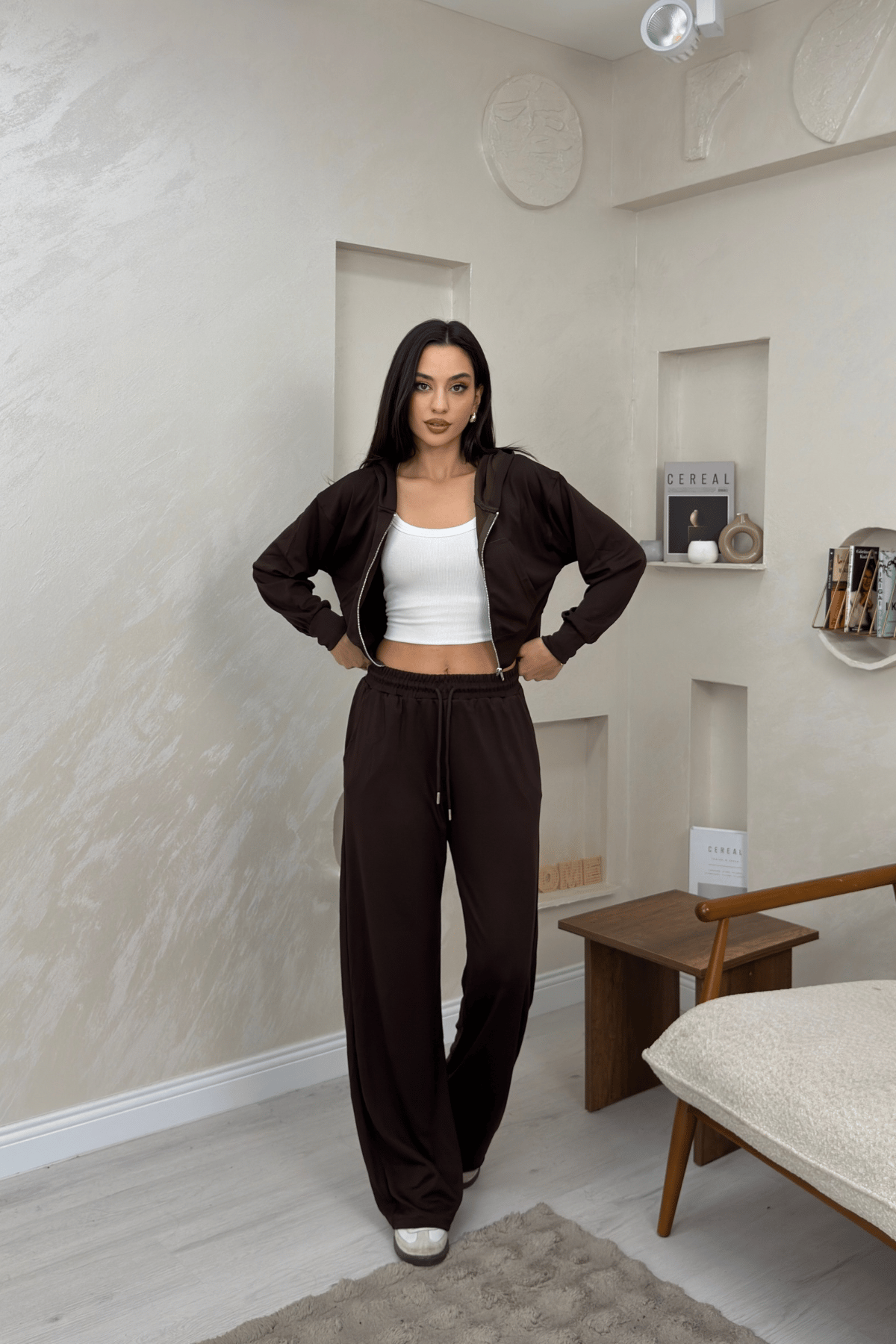 Angel Kahve Renkli Kapuşonlu Alt Üst Kadın Eşofman Takımı | miraylawear