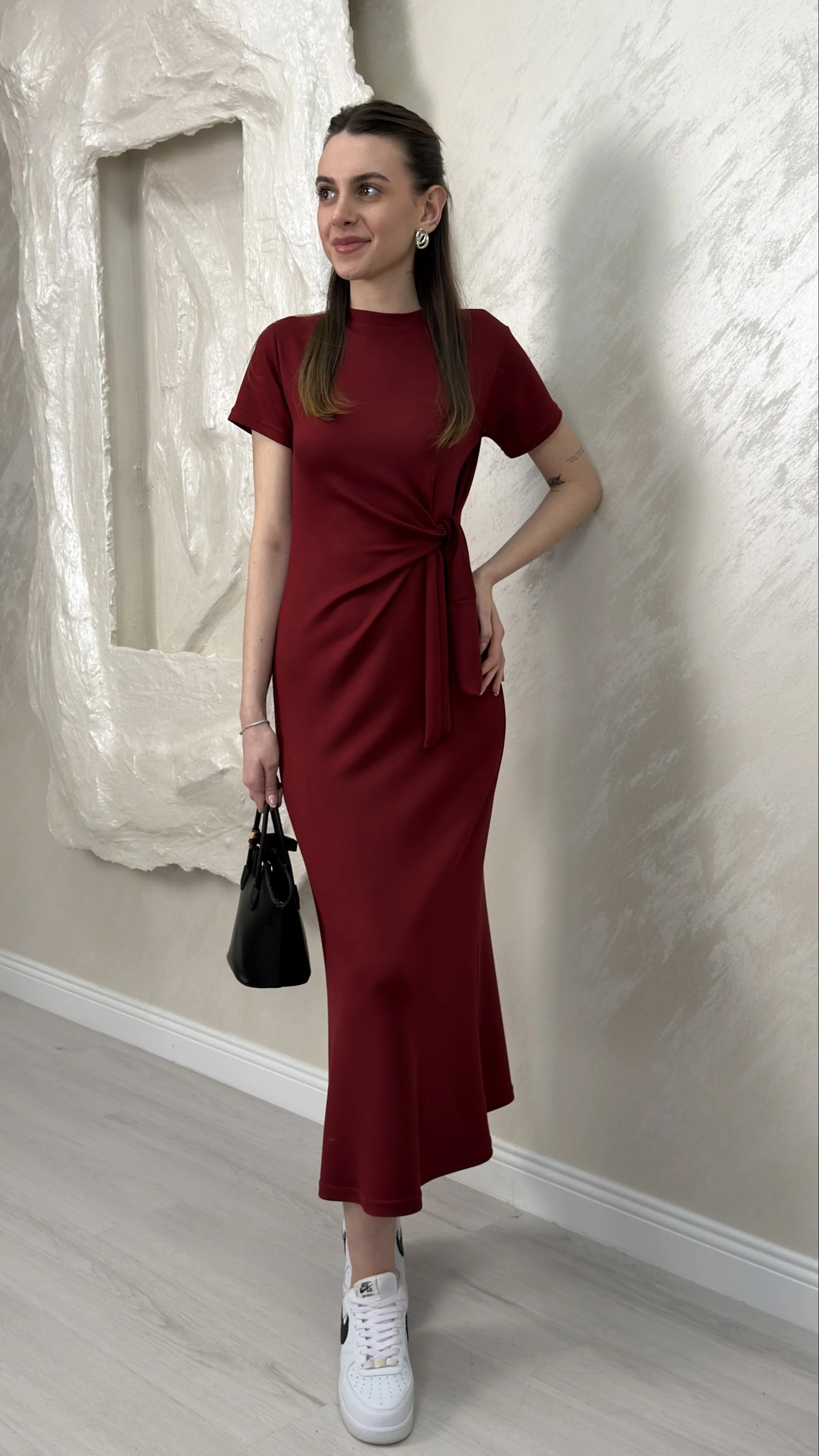 BELİ BAĞLAMALI MODAL KUMAŞ ELBİSE- BORDO