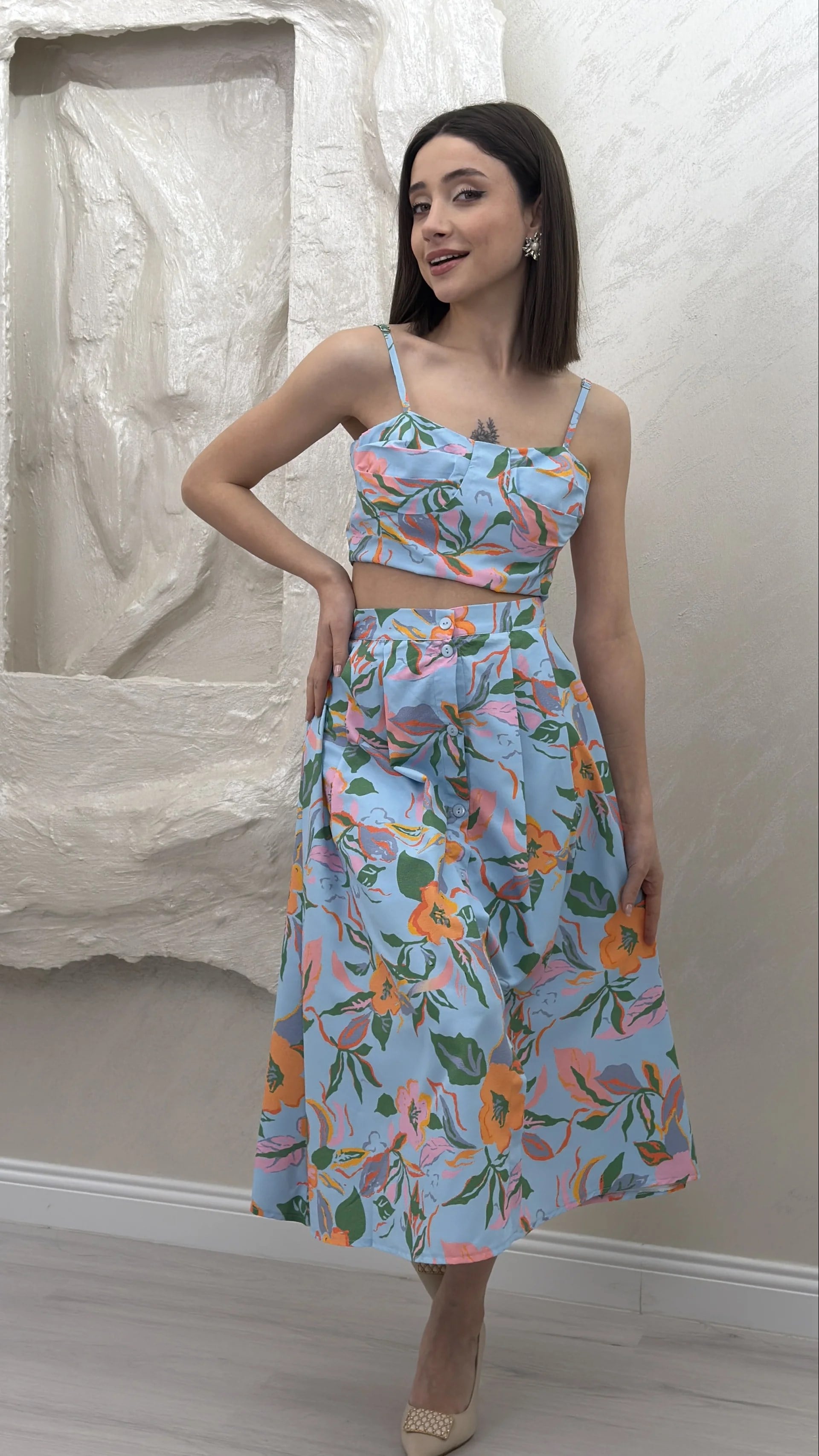 ÇİÇEK TASARIMLI CROP ETEK TAKIM