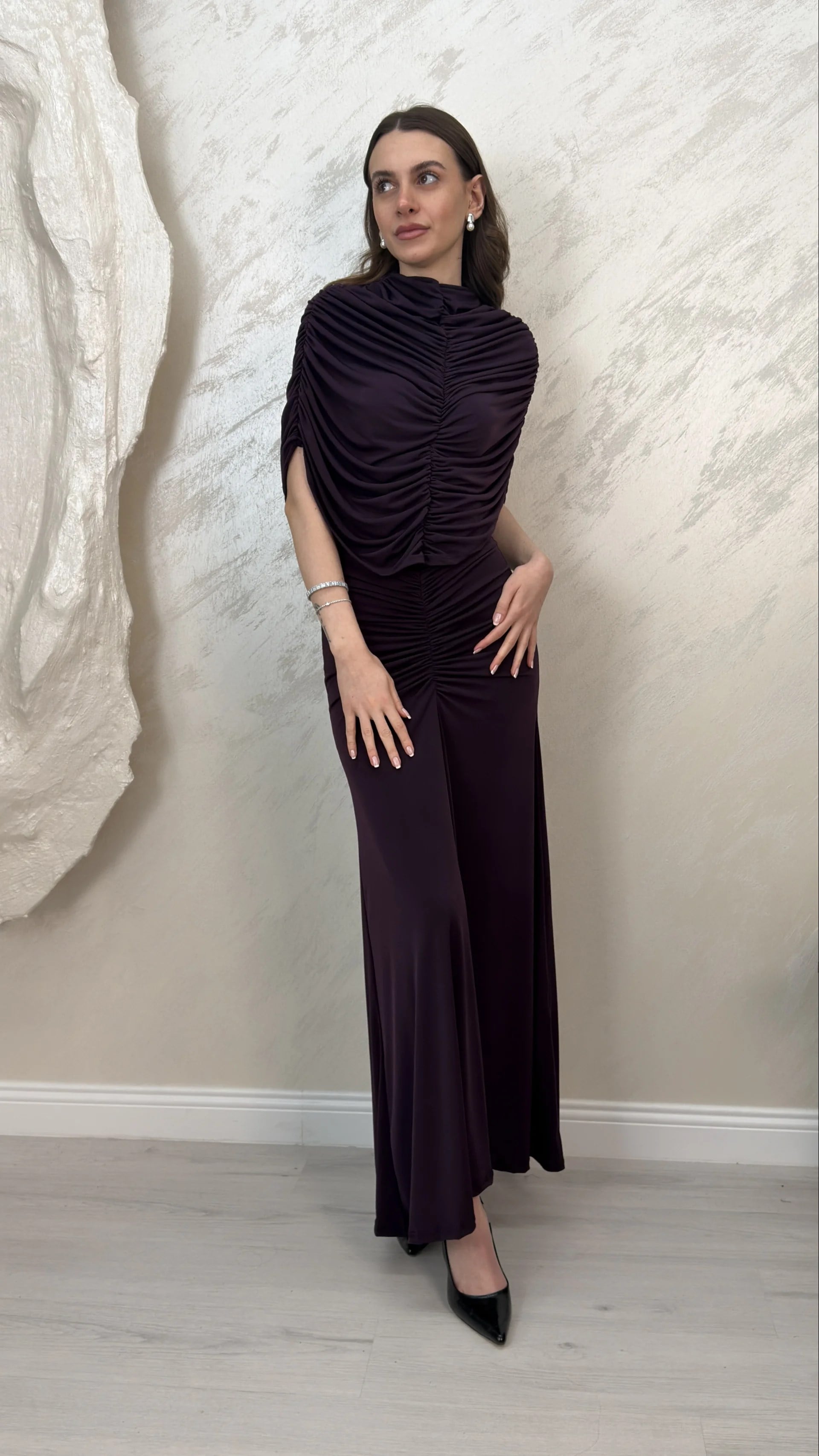 DRAPE DETAYLI DAVET ELBİSESİ-MÜRDÜM