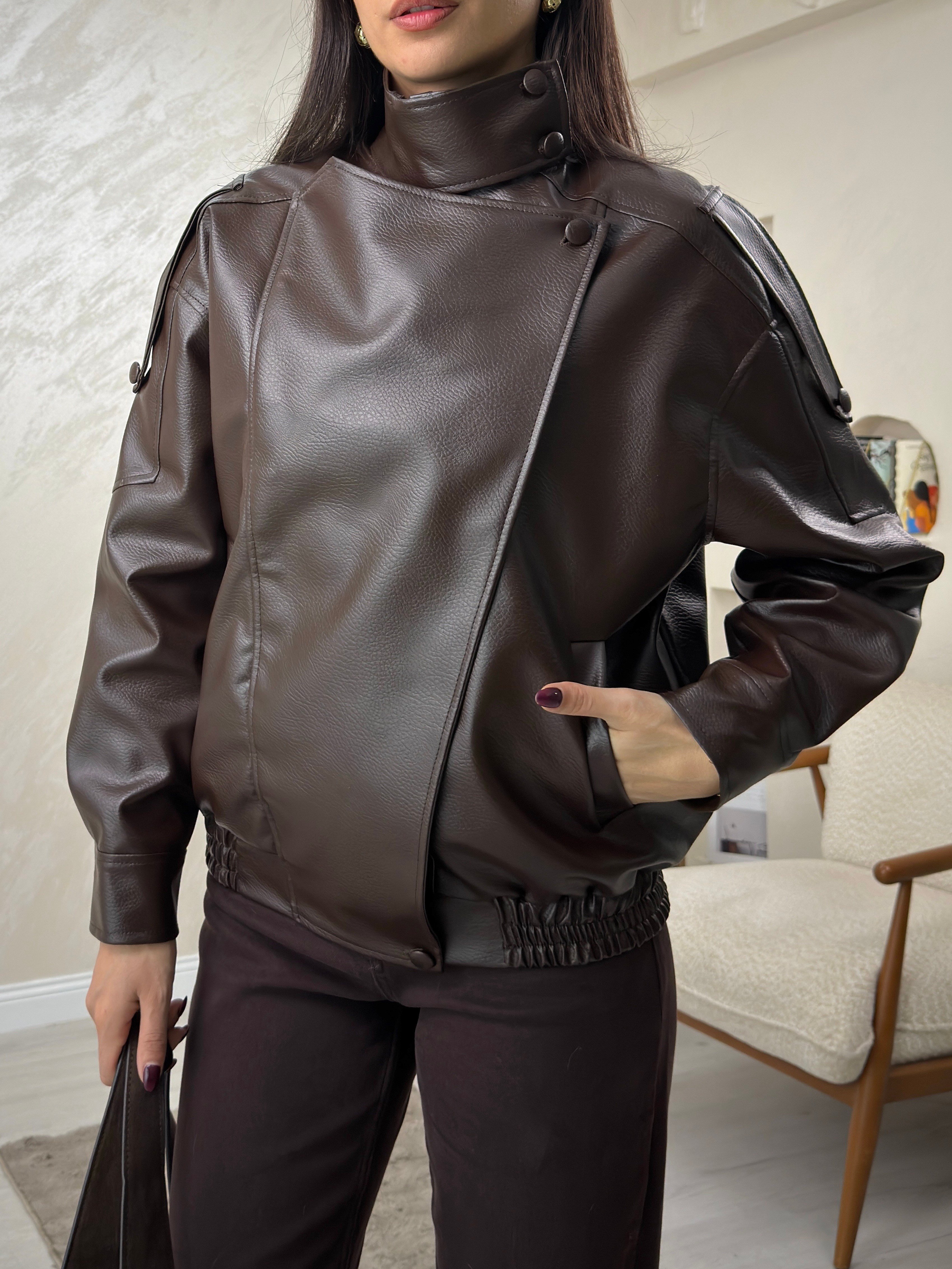 Grace Kahve Renkli Biker Kadın Ceket | miraylawear
