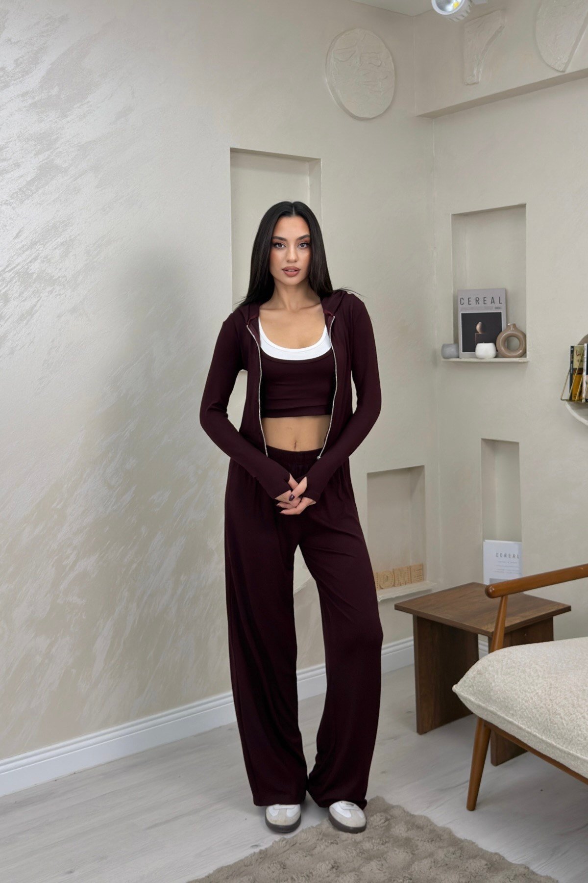 Harper Bordo Renkli Hırka Atlet Pantolon Alt - Üst Takım | miraylawear