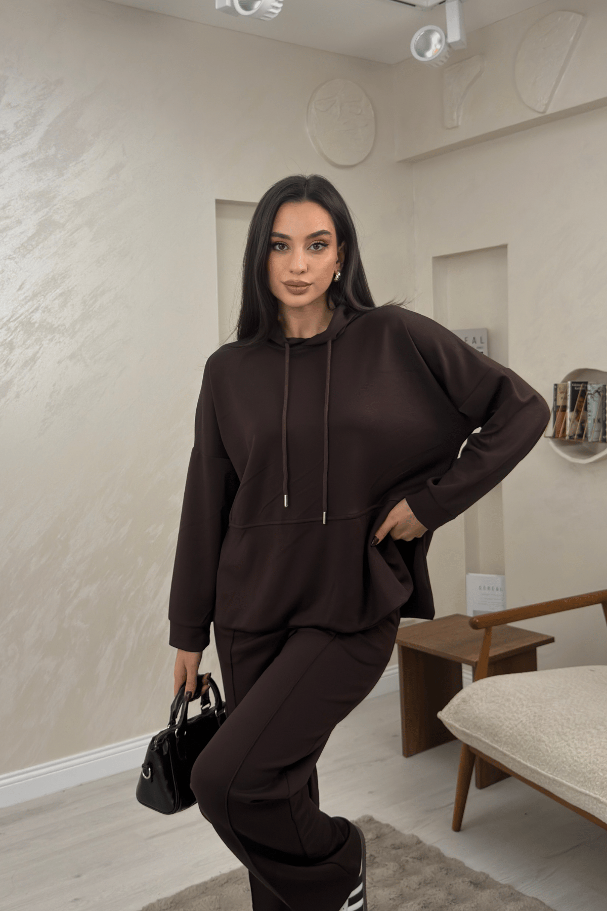 Lilith Kahve Renkli Kapusonlu Genis Paca Kadin Esofman Takimi | miraylawear