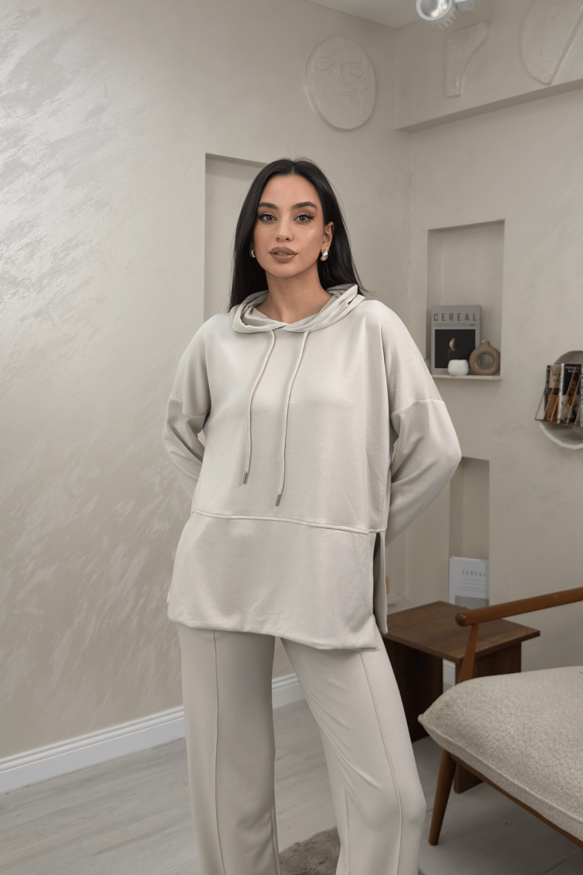 Lilith Krem Renkli Kapusonlu Genis Paca Kadin Esofman Takimi | miraylawear