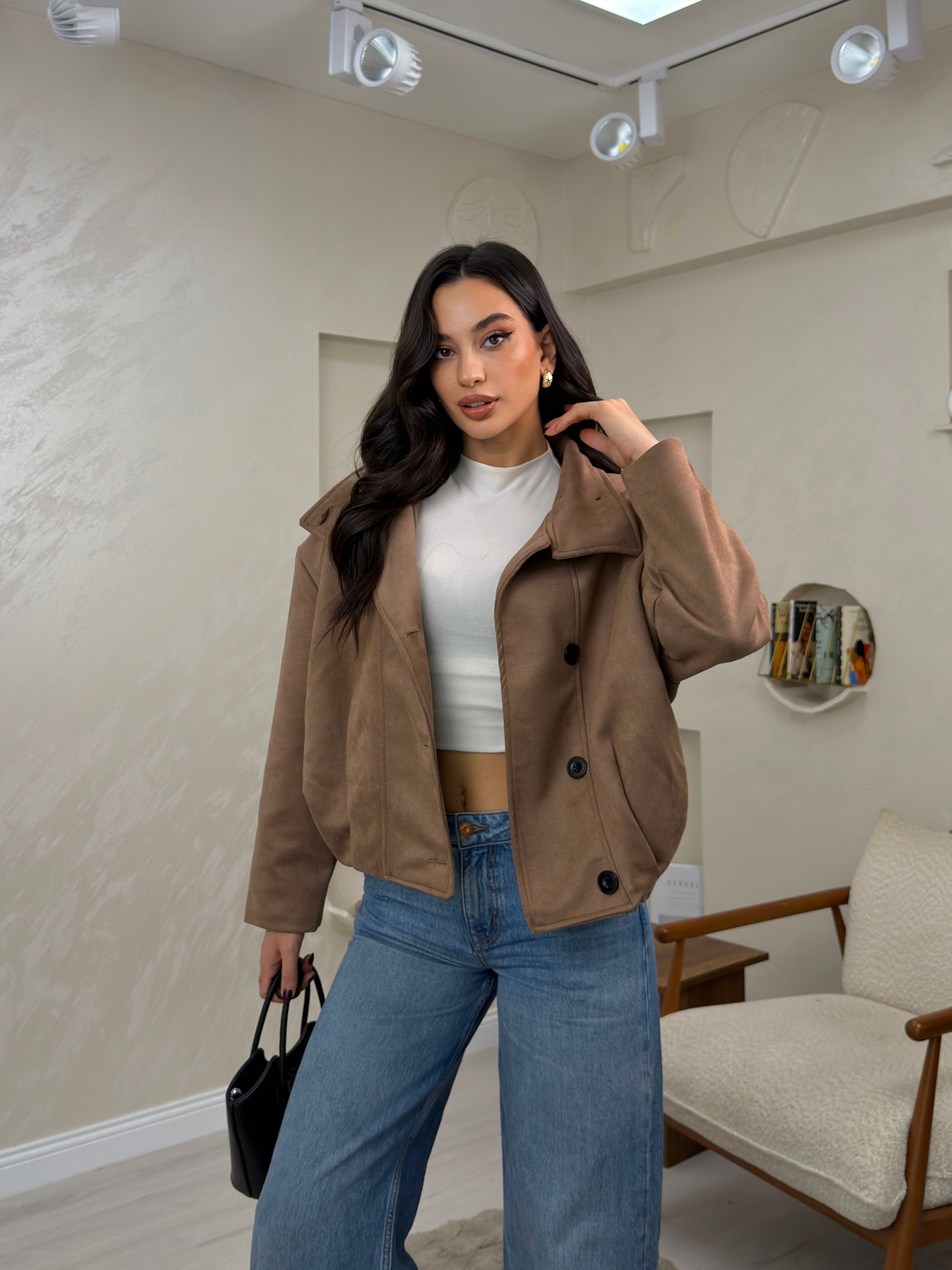 Merina Camel Renkli Dik Yaka Düğmeli Kadın Mont | miraylawear