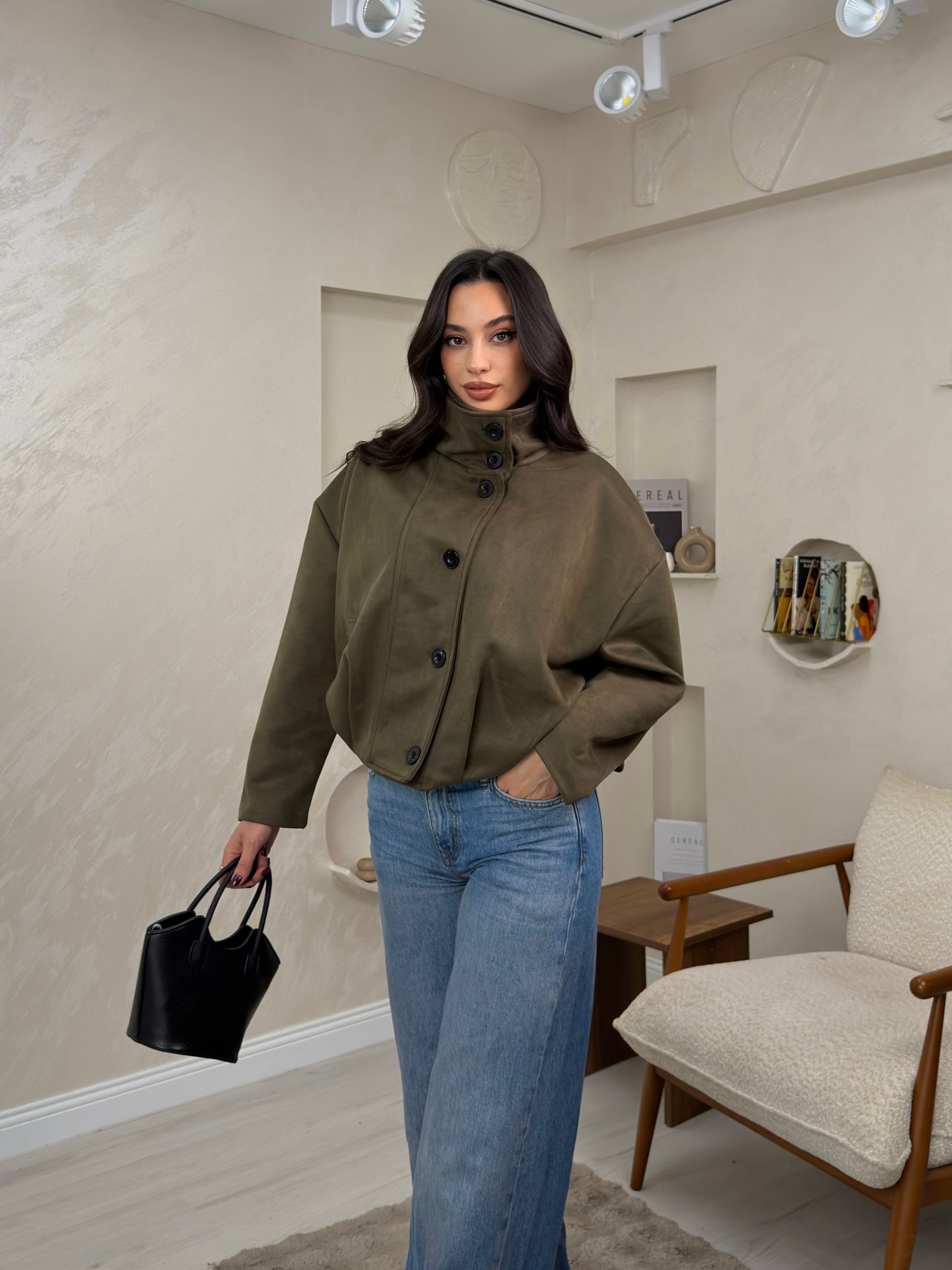 Merina Haki Renkli Dik Yaka Düğmeli Kadın Mont | miraylawear
