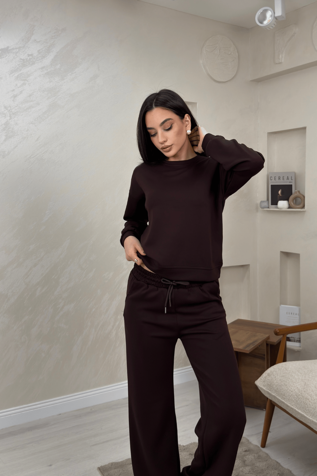 Misty Kahve Renkli Bisiklet Yaka Bol Paca Kadın Alt Üst Takım | miraylawear