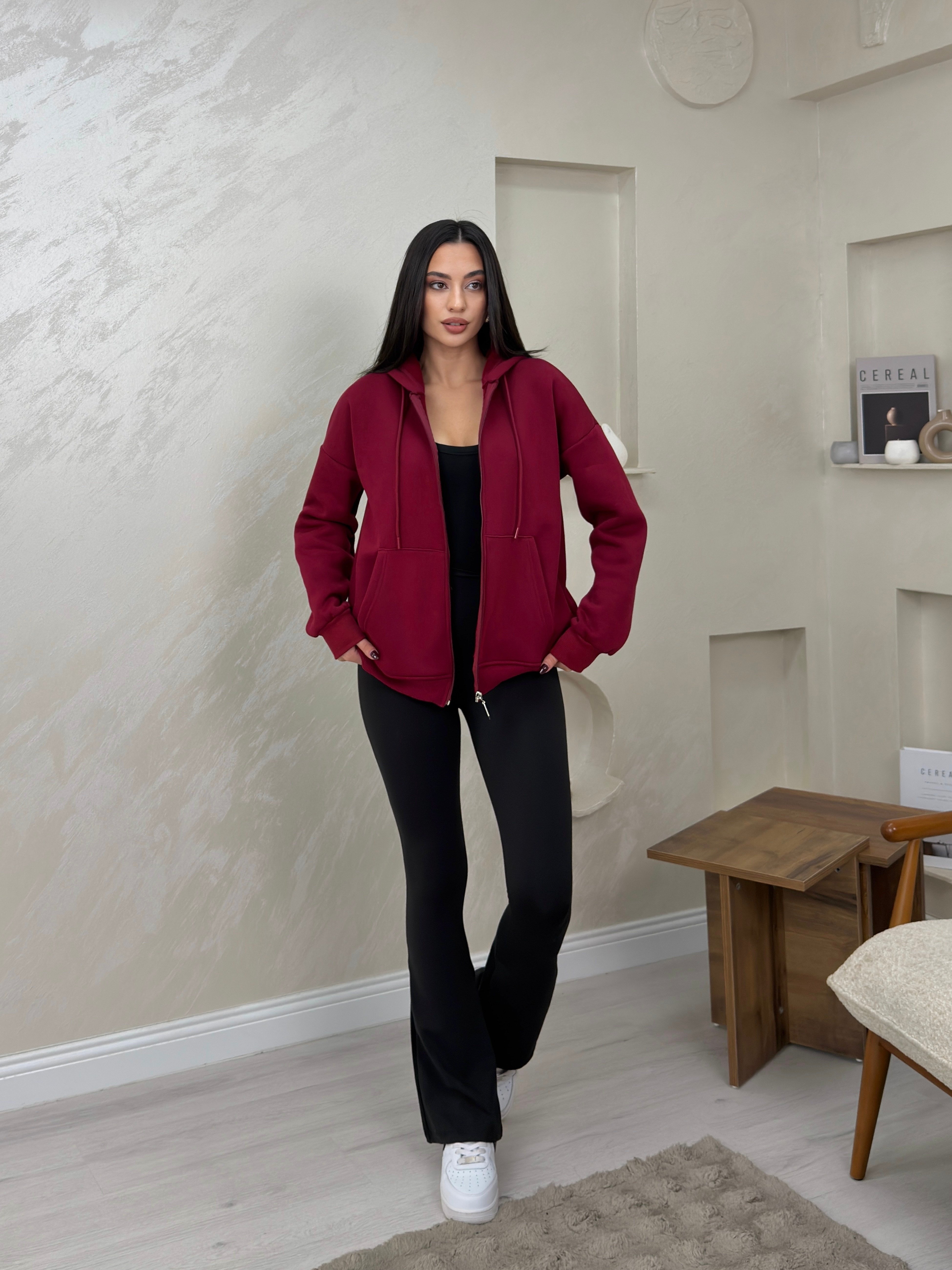 Rhonda Bordo Renkli Fermuarlı Kadın Kapşonlu Sweatshirt | miraylawear