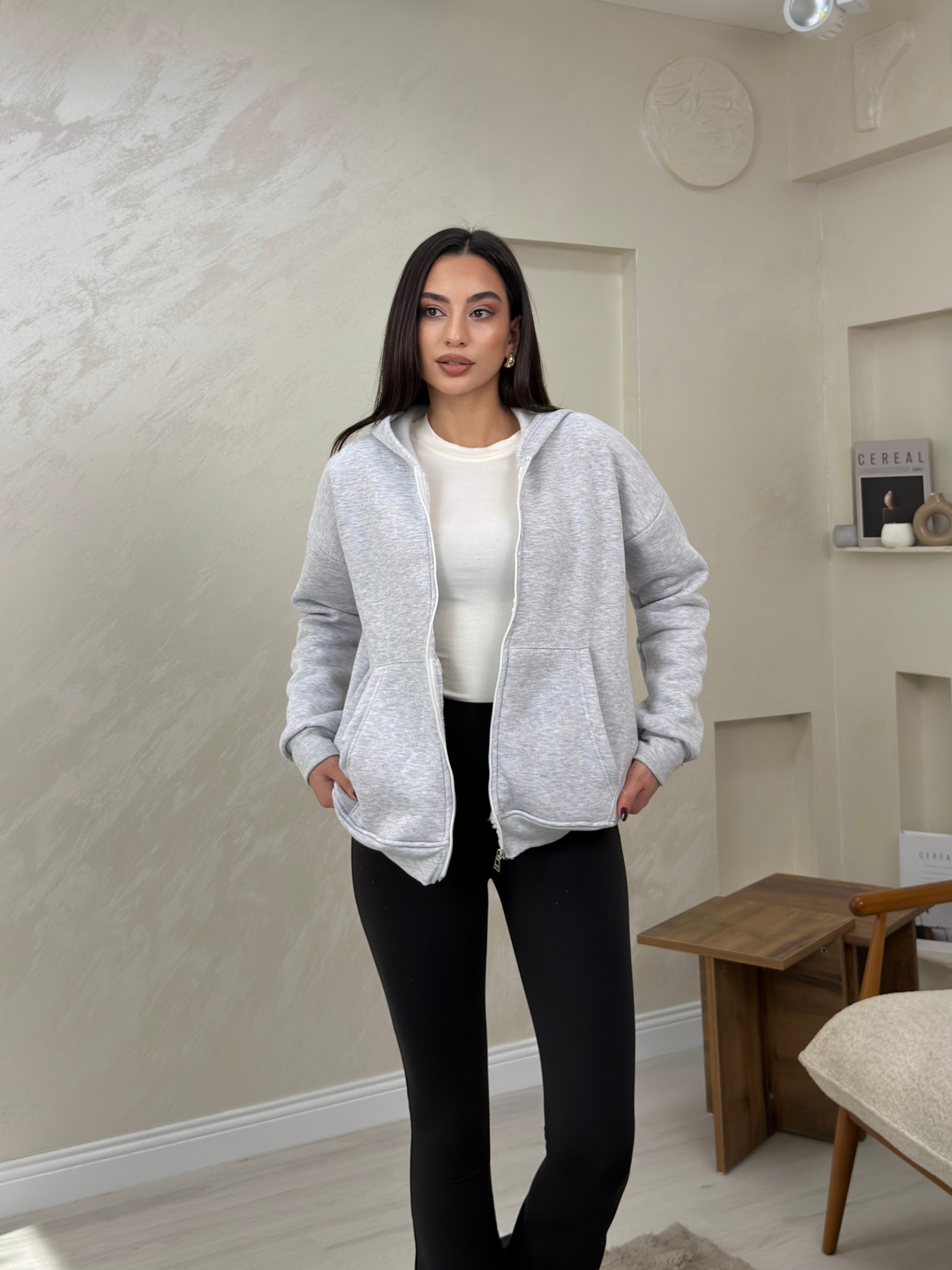 Rhonda Gri Renkli Fermuarlı Kadın Kapşonlu Sweatshirt | miraylawear