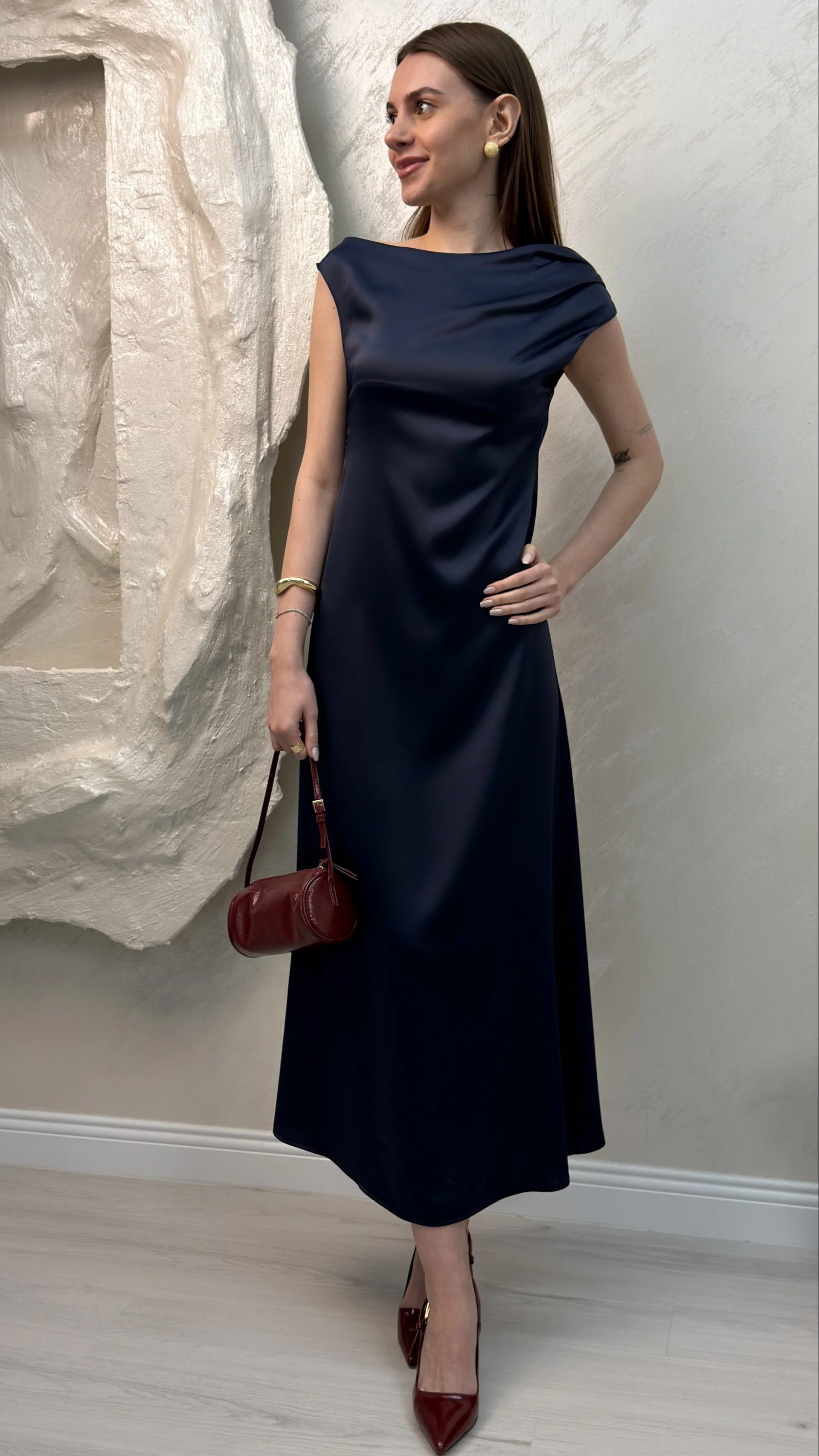 SATEN MAXİ ELBİSE- LACİVERT