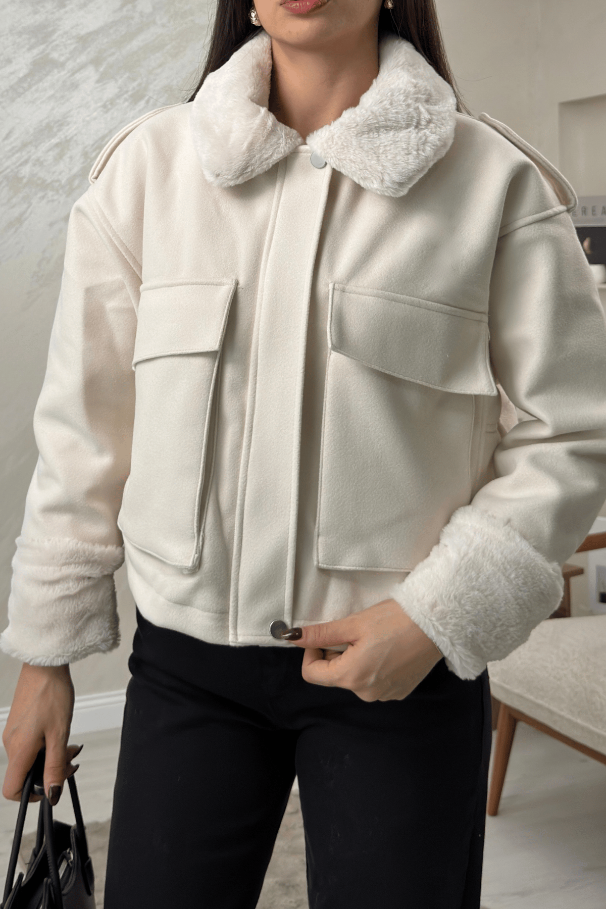 Vanessa Bej Renkli Kurk Yaka Detaylı Kadın Mont | miraylawear