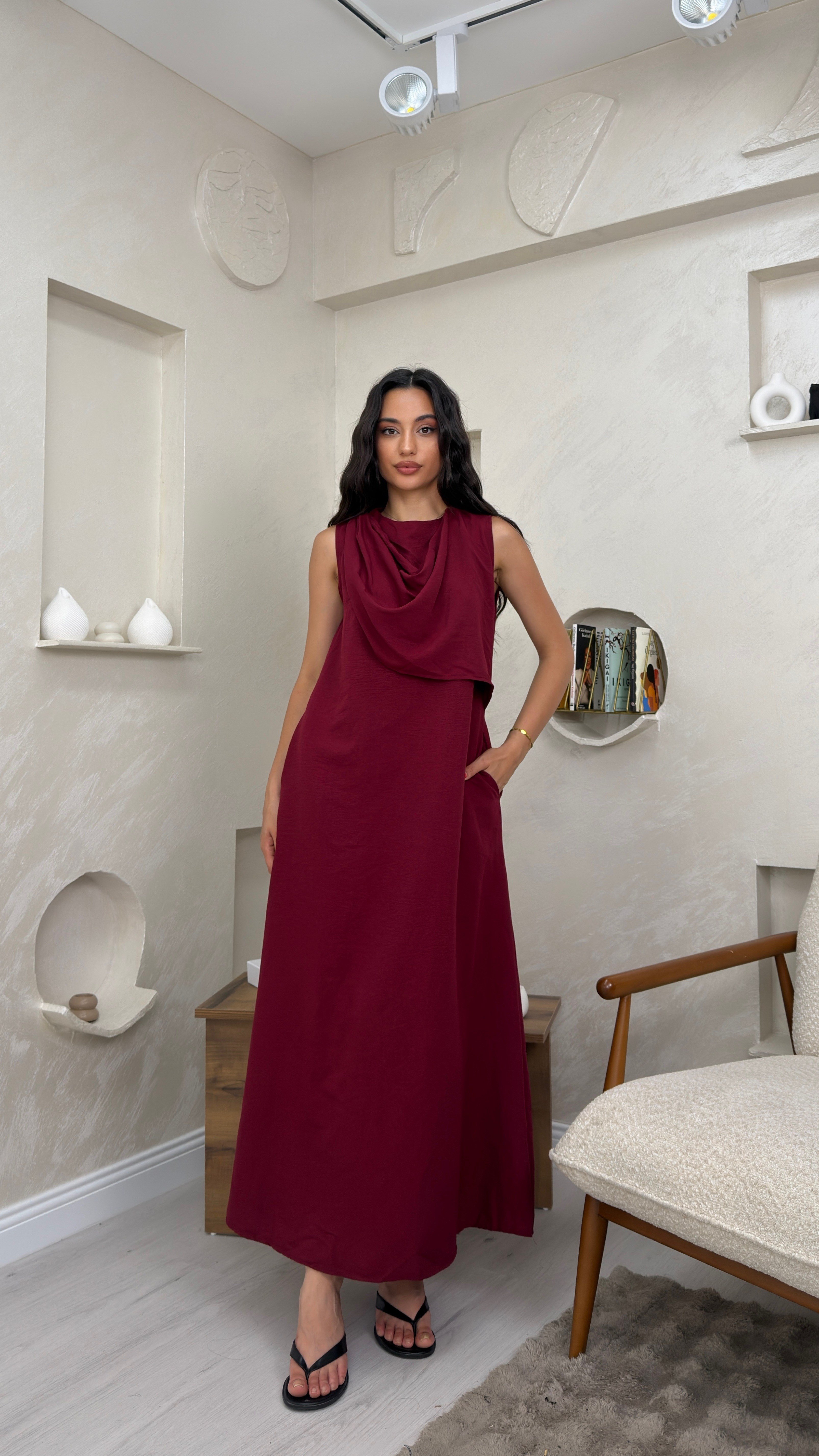 WENDY BORDO RENKLİ ŞAL DETAYLI KADIN MAXİ ELBİSE