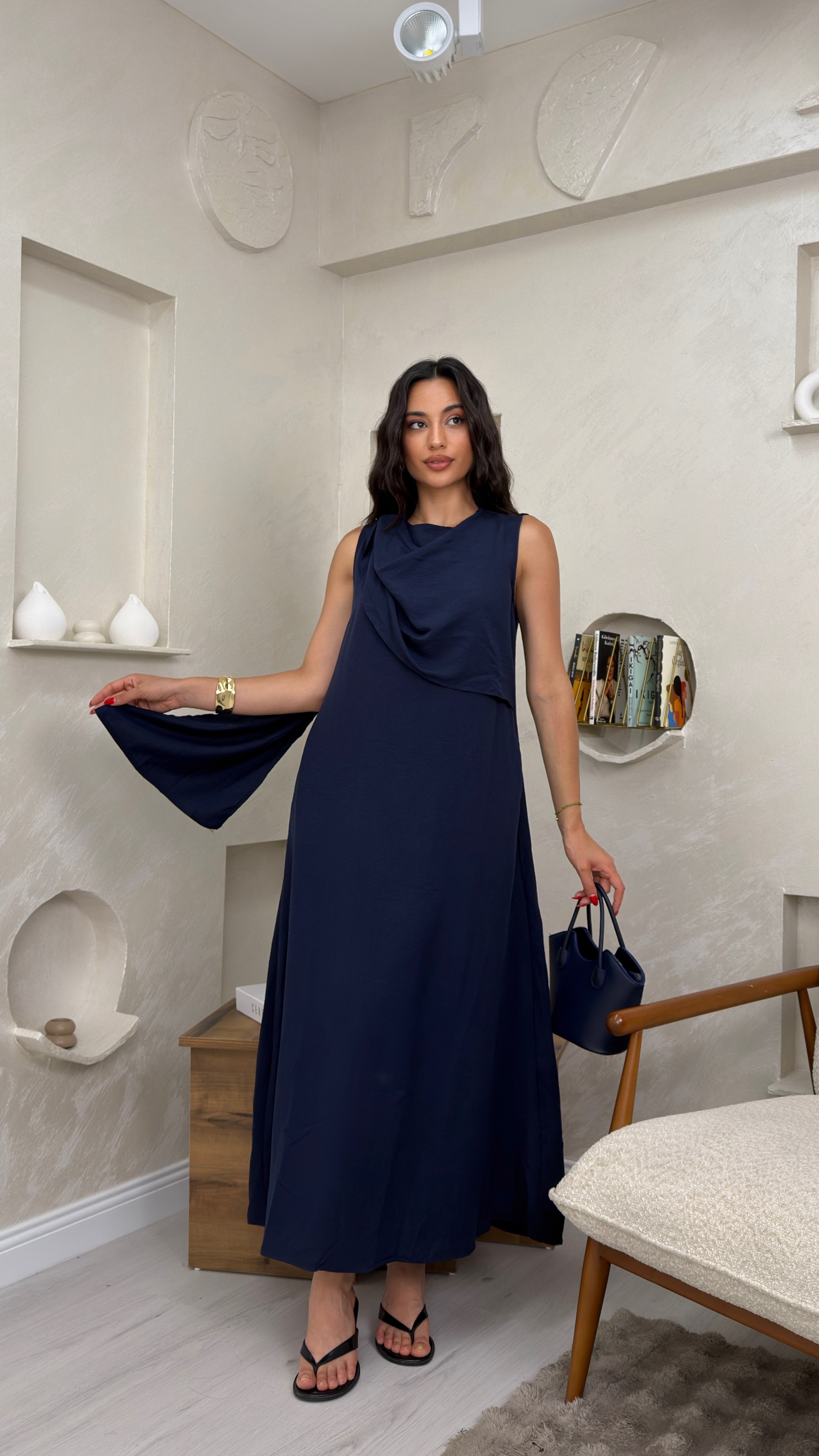 WENDY LACİVERT RENKLİ ŞAL DETAYLI KADIN MAXİ ELBİSE