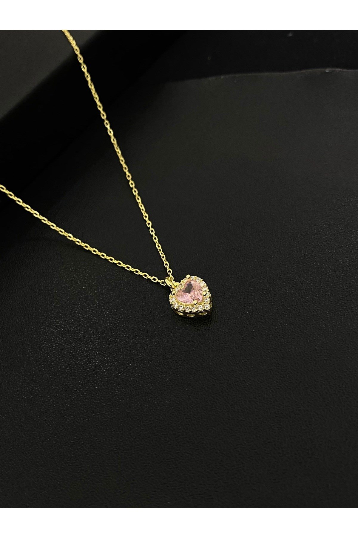 925 Ayar Gümüş Altın Yaldızlı Pembe Kalp Modeli Kadın Gümüş Kolye (40+5CM) (Gold)