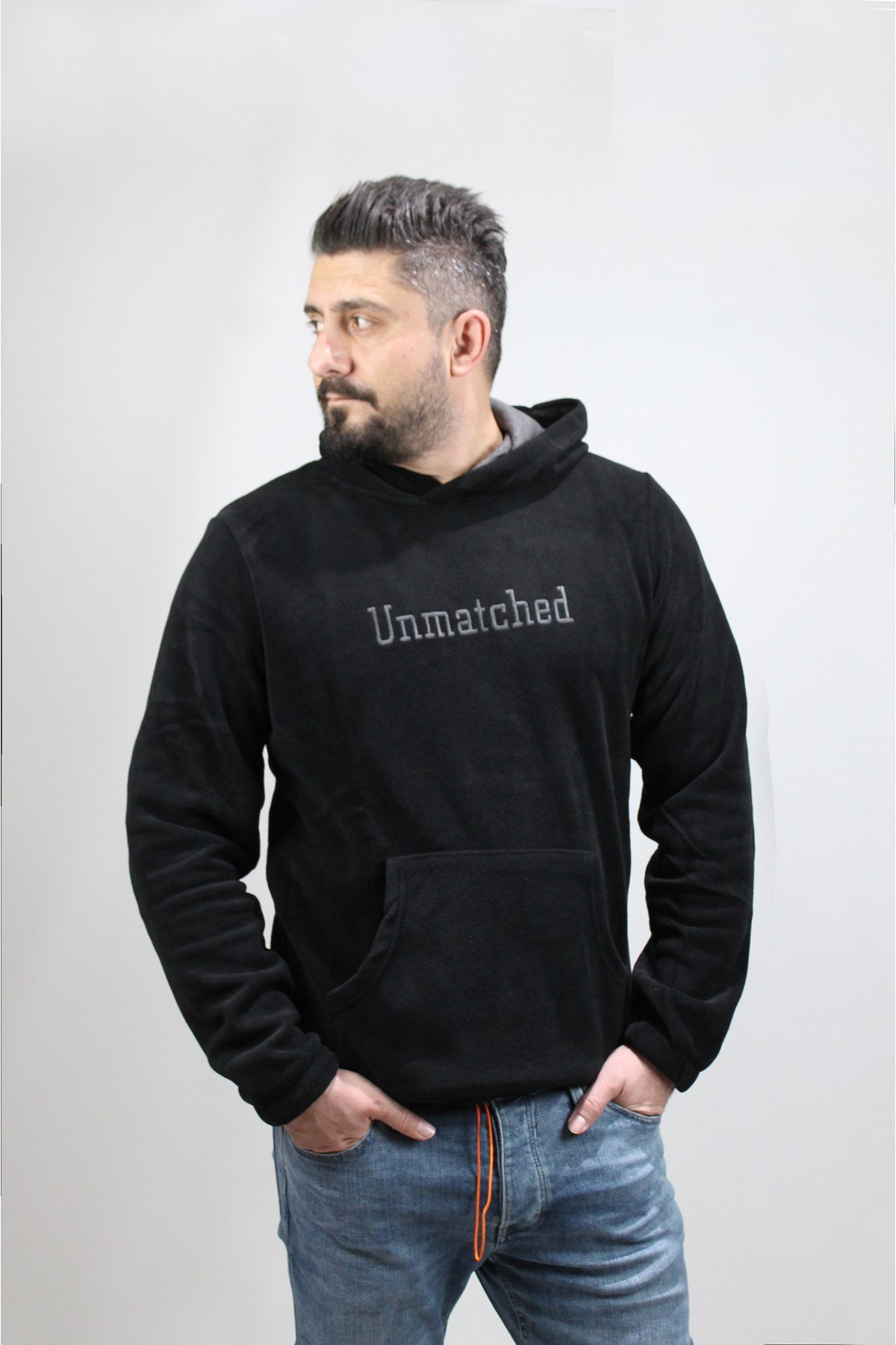 Erkek Siyah Kapüşonlu Polar Sweatshirt