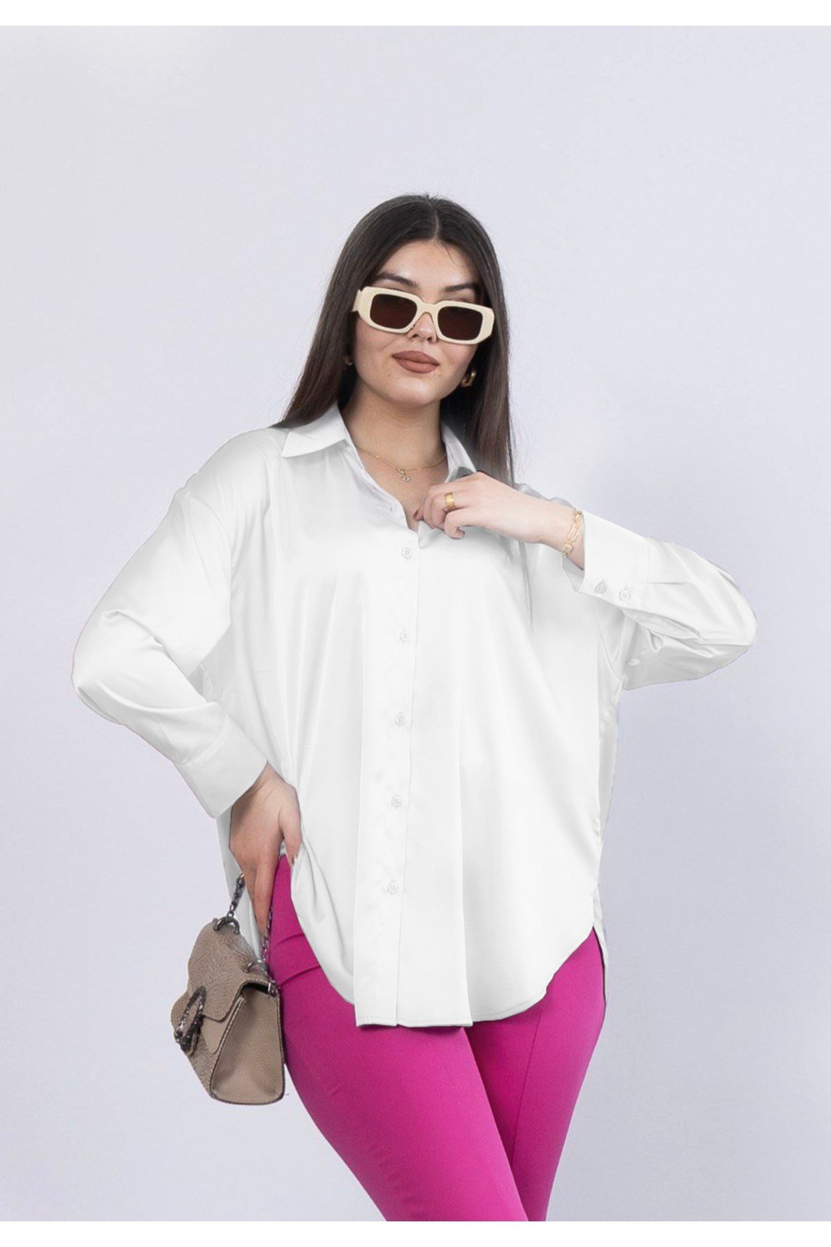 Kadın Gri Saten Oversize Gömlek