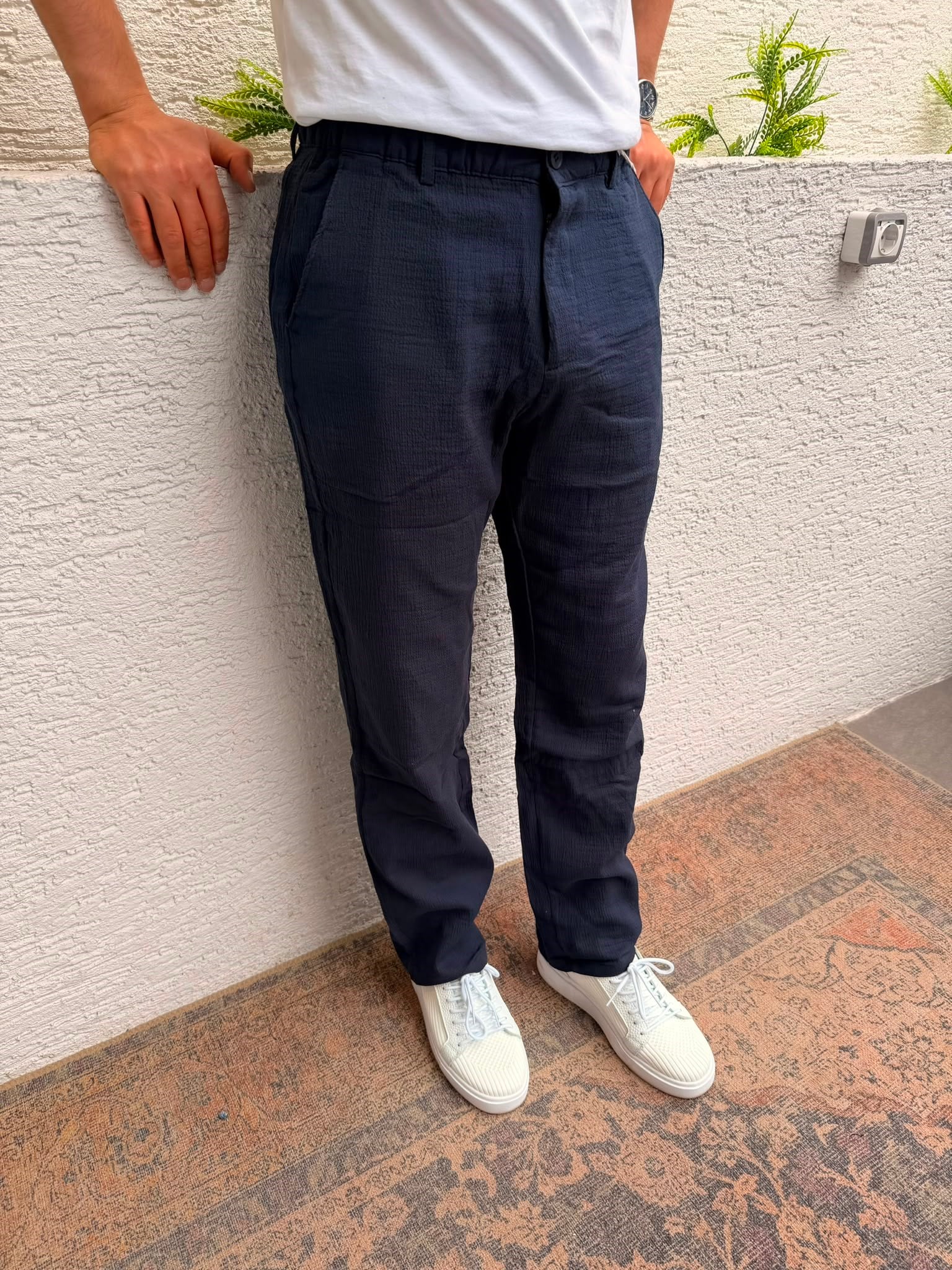 LACİVERT WE11 BAGGY KENDİNDEN DESENLİ LİKRALI KUMAŞ PANTOLON