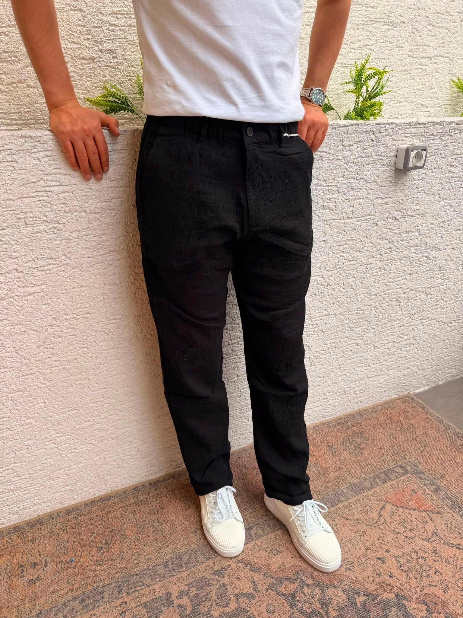 SİYAH WE11 BAGGY KENDİNDEN DESENLİ LİKRALI KUMAŞ PANTOLON
