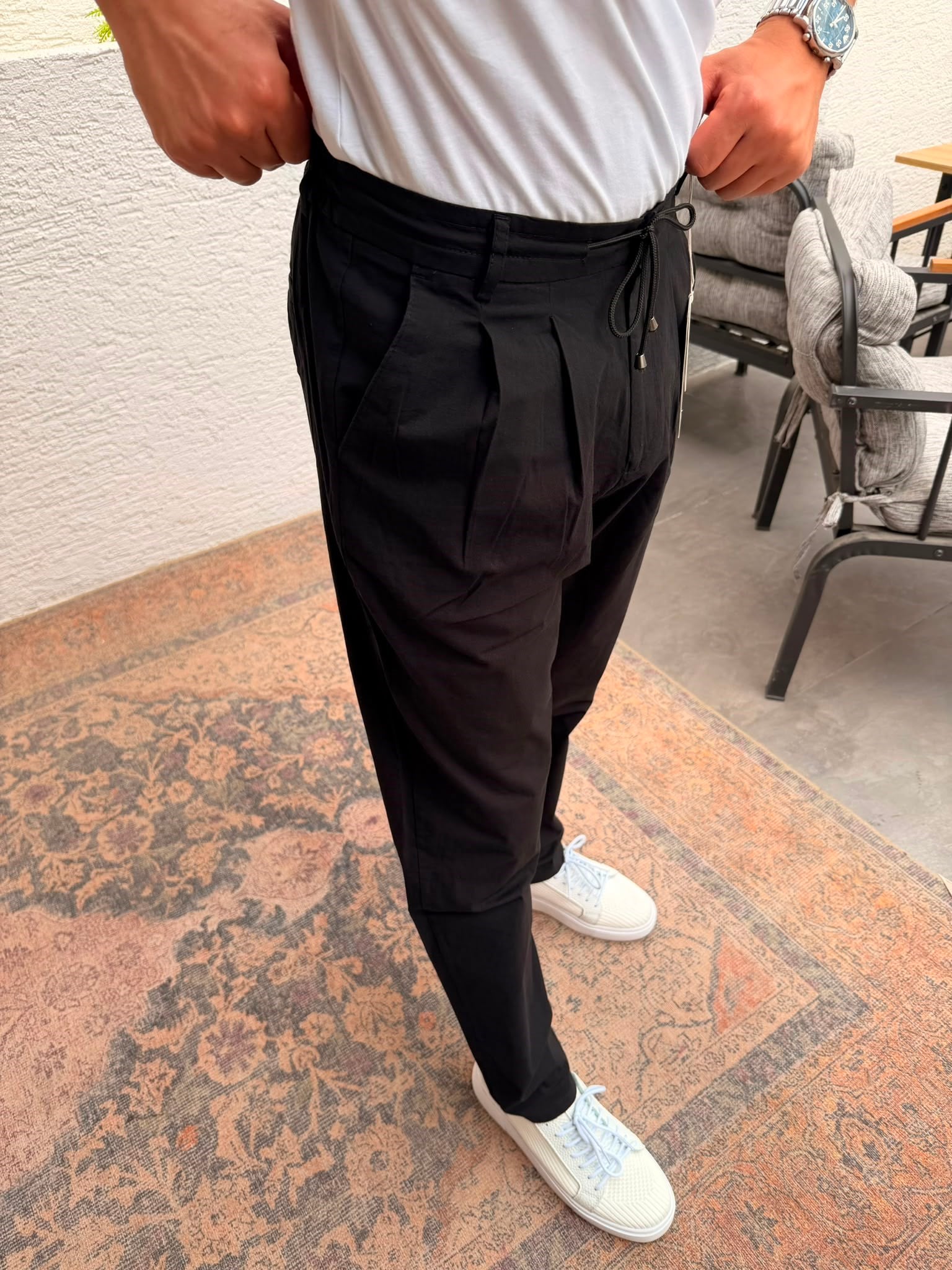 SİYAH WE11 BAGGY PERDE DESENLİ İP BAĞLAMALI KUMAŞ PANTOLON