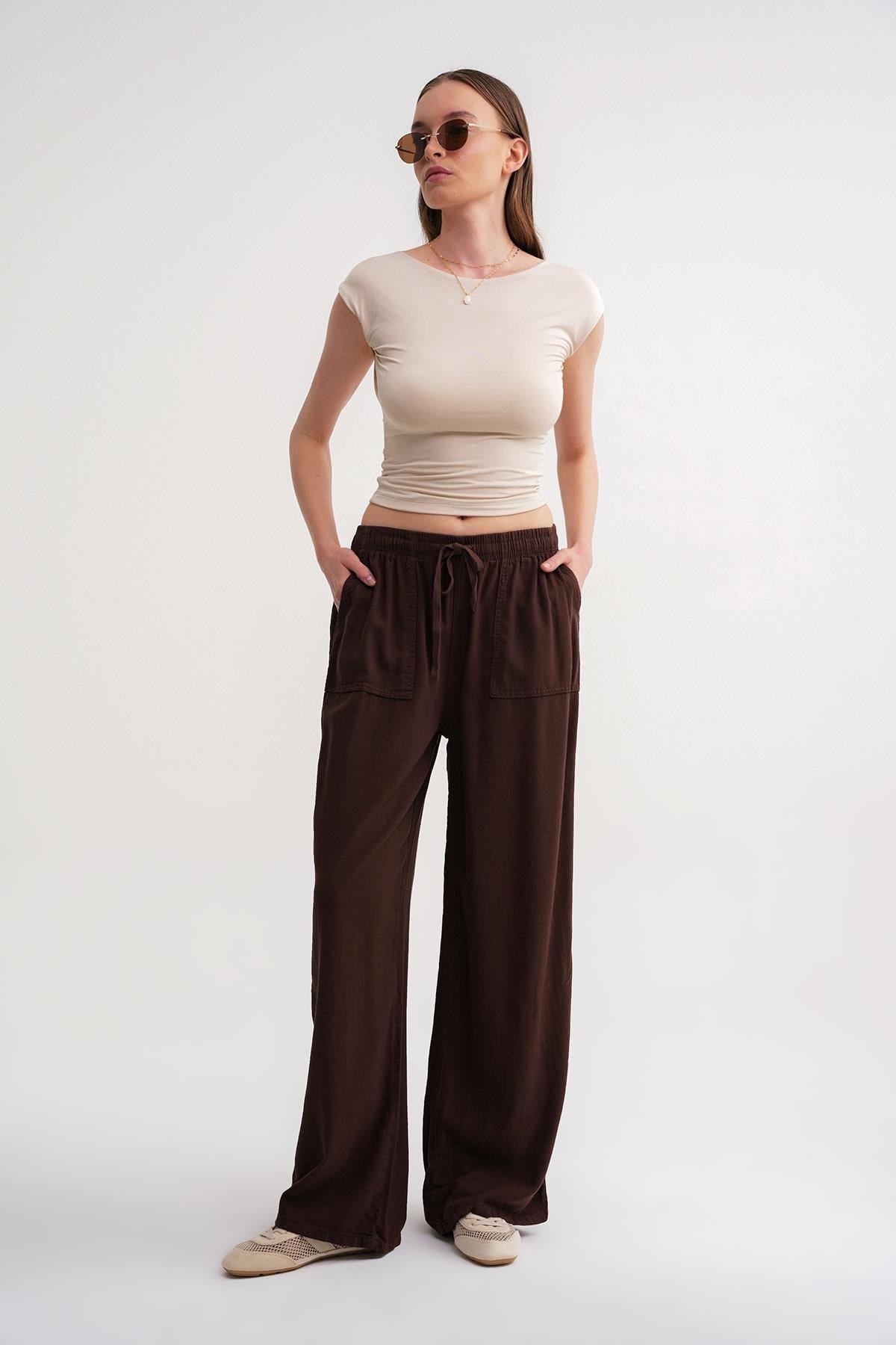 26-1YB0567 - 4629 MİXRAY BOL PAÇA YÜKSEK BEL PANTOLON - KAHVE
