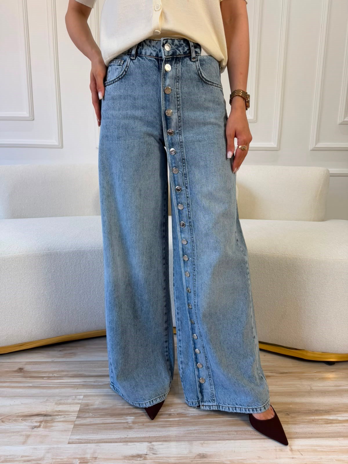 Düğme Detaylı Bol Paça Kot Pantolon - BLUE