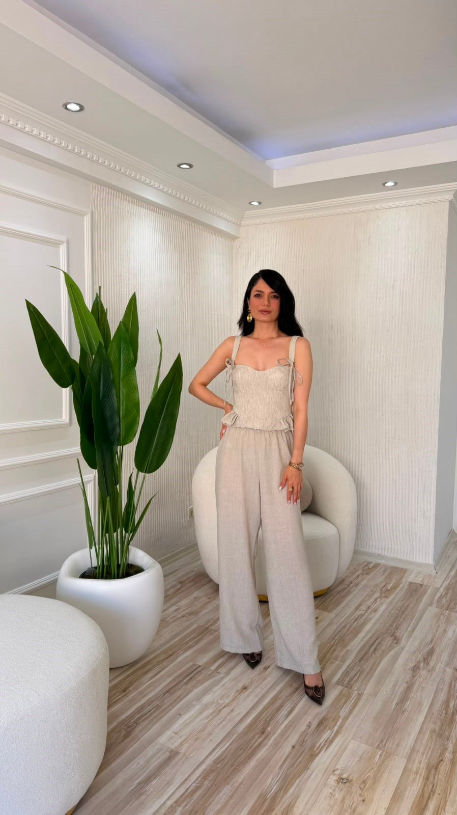 İp Askılı Bağcıklı Korse Bluz - NATURAL