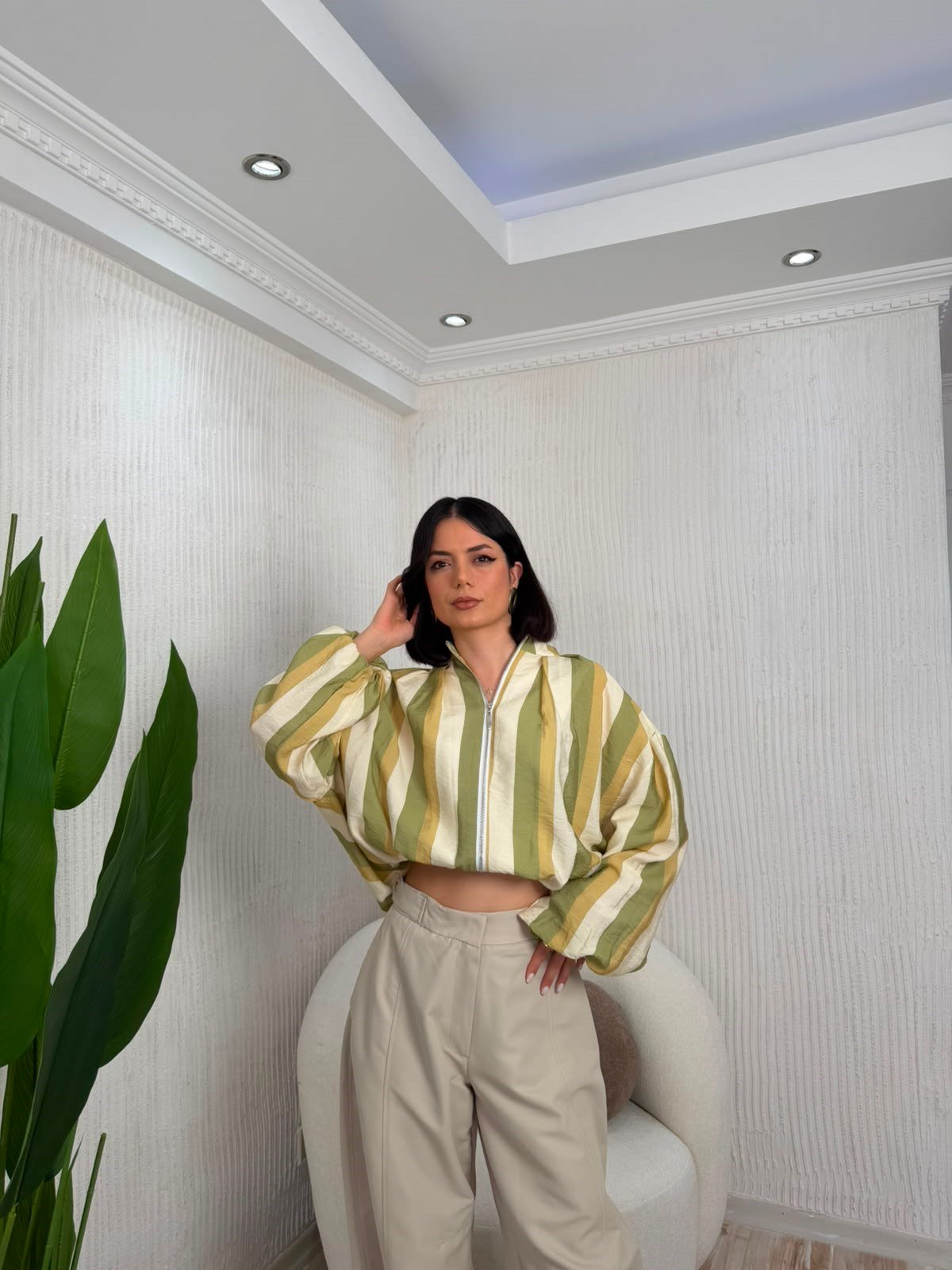 Çizgili Fermuarlı Crop Bomber Ceket - YEŞİL