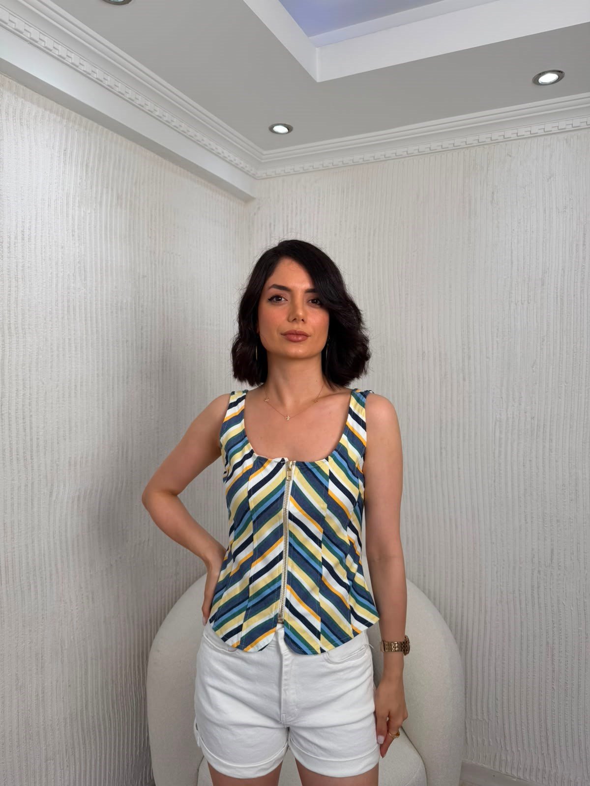 Çizgili Fermuarlı Korsaj Bluz - LACİ-SARI