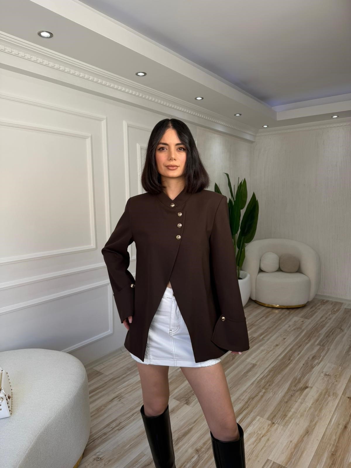 Volan Kollu Manşet Detaylı Ceket - KAHVE