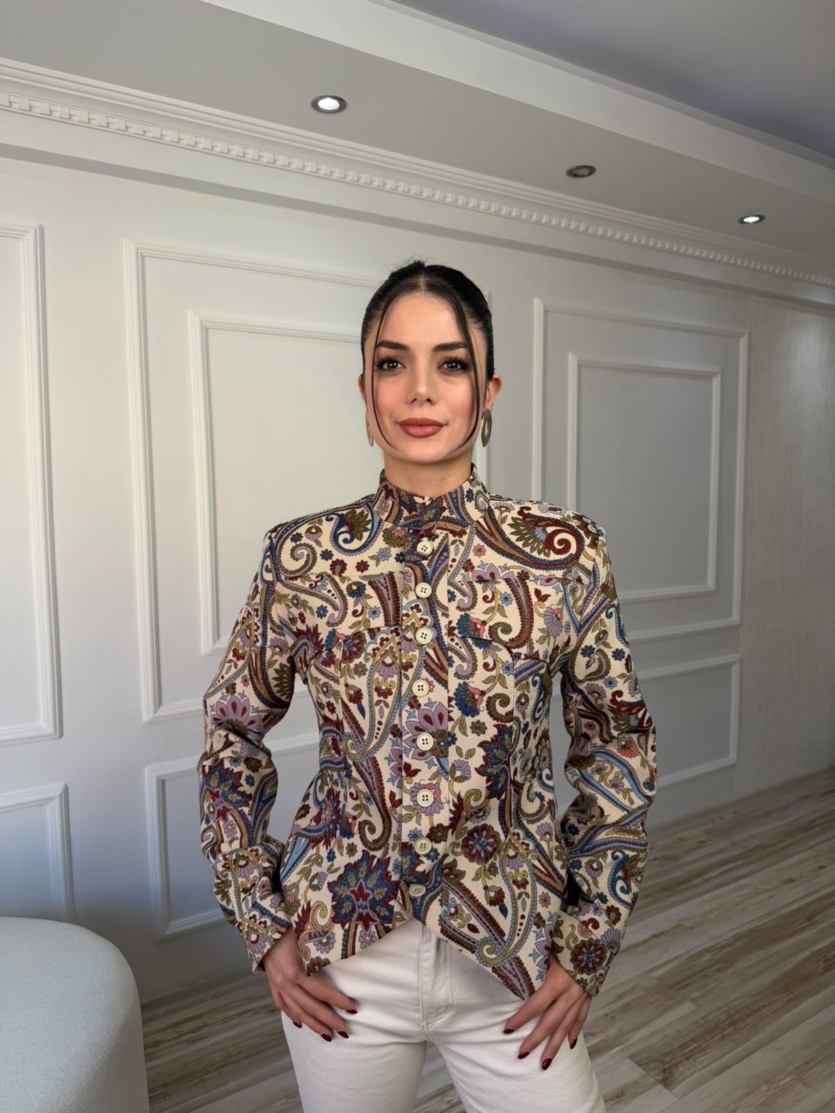 Etnik Desenli Düğmeli Fit Ceket - BEJ
