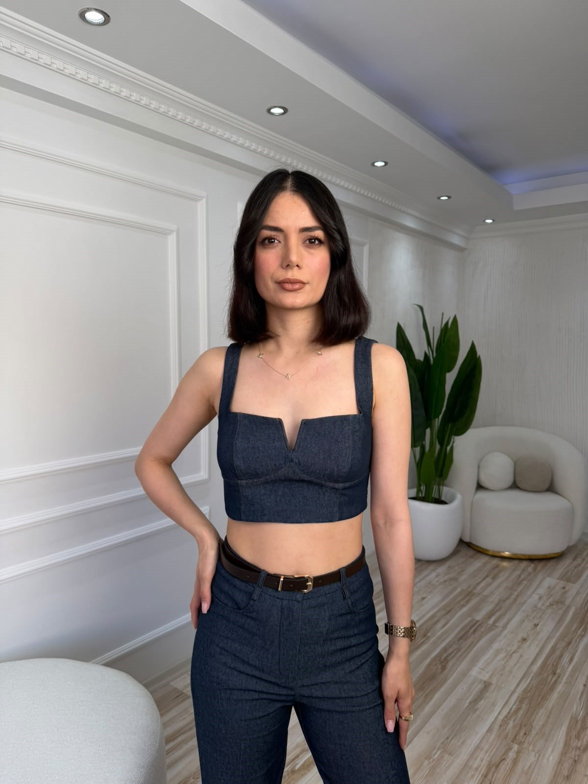 Korse Formlu Denim Görünümlü Crop Top - İNDİGO