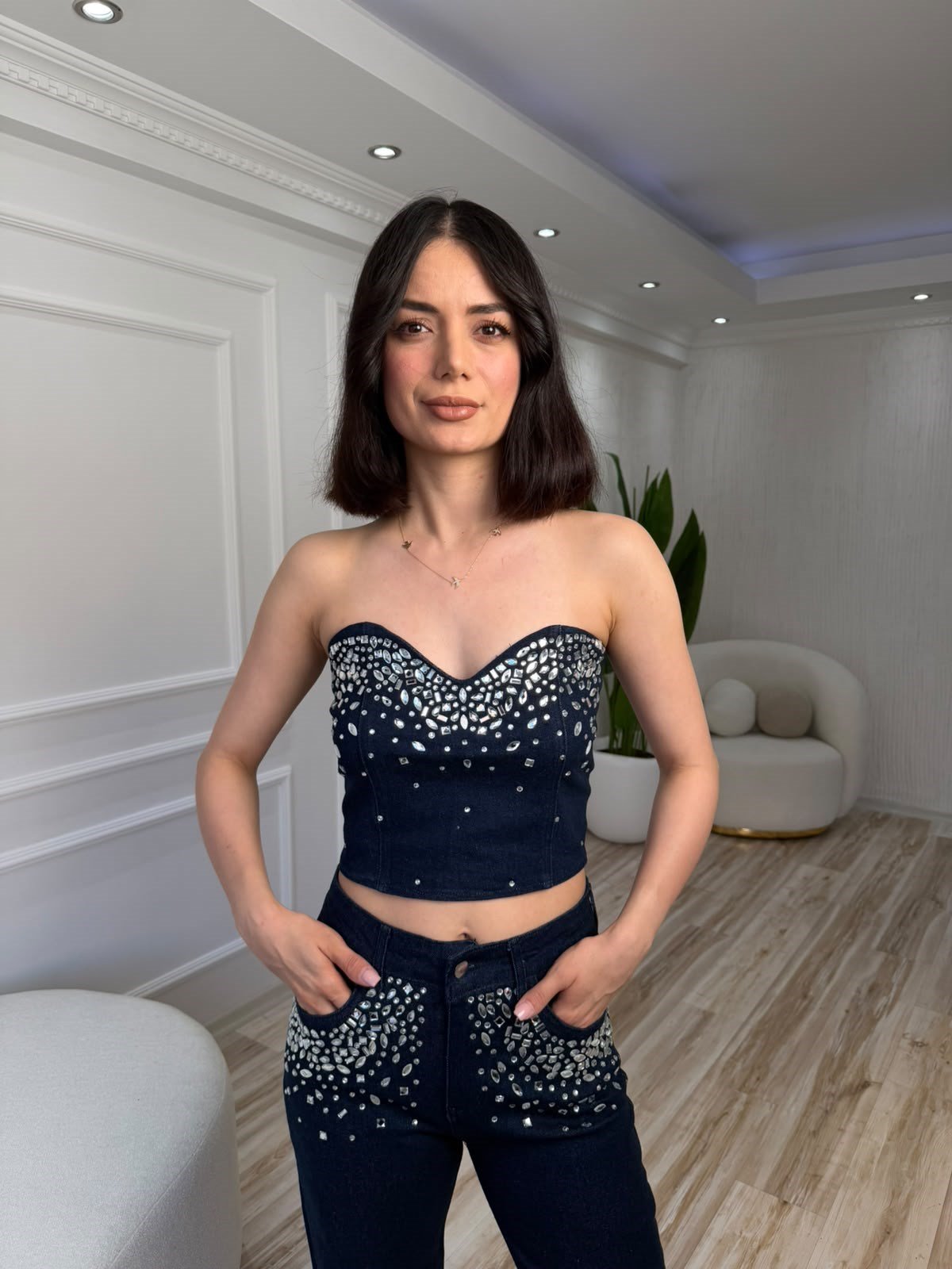 Taş İşlemeli Büstiyer ve Denim Pantolon Takım - LACİ