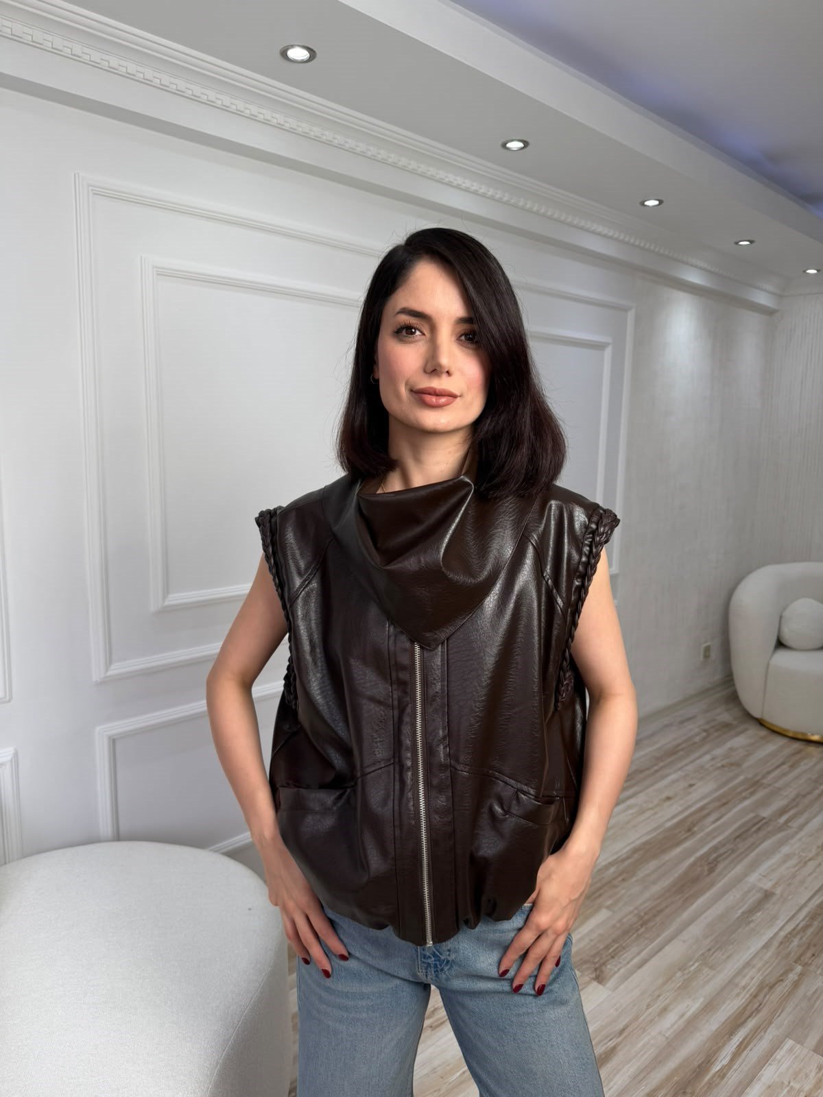 Fermuarlı Cep Detaylı Deri Yelek - KAHVE