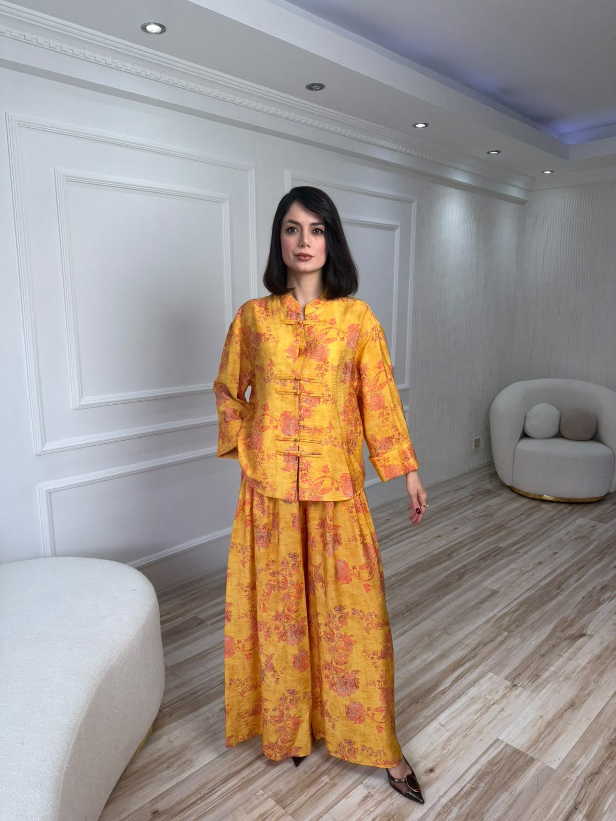 Çiçek Desenli Kimono Ceket Geniş Paça Pantolon Takım - TURUNCU