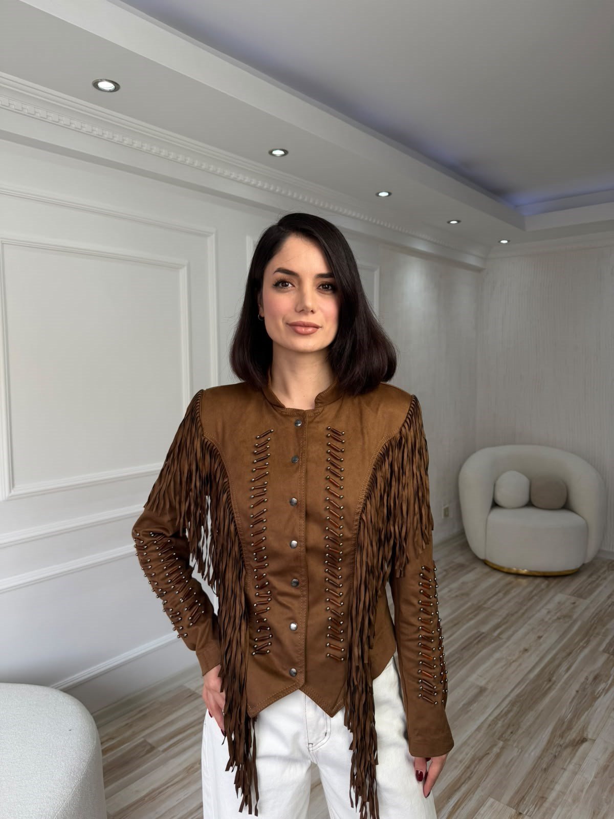 Püskül ve Zımba Detaylı Süet Ceket - CAMEL