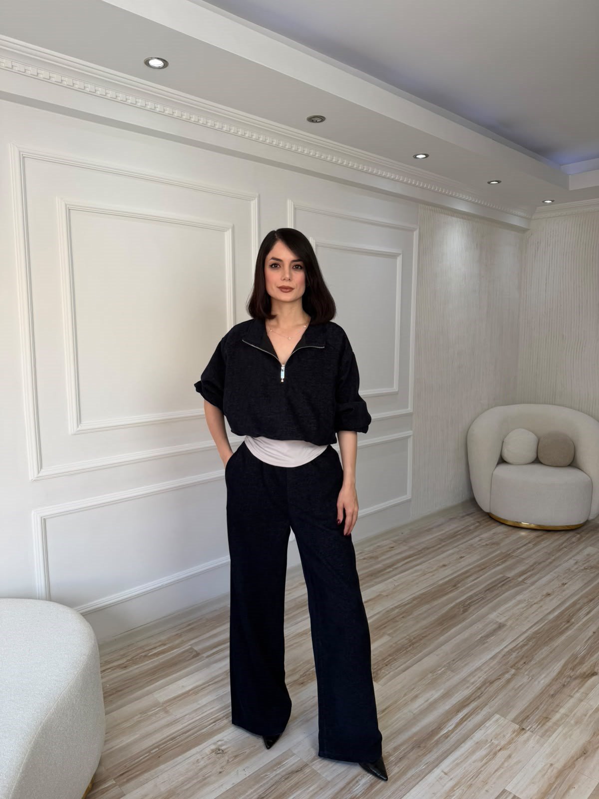 Fermuar Yaka Dokulu Bluz Pantolon Takım - LACİ
