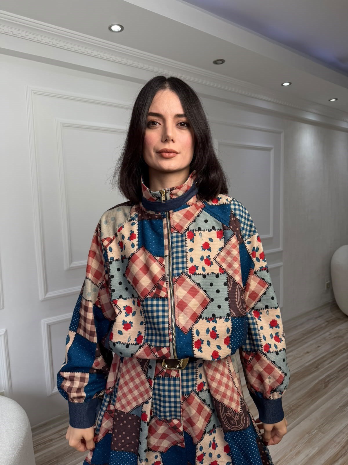 Patchwork Desenli Dik Yaka Bomber Ceket - İNDİGO