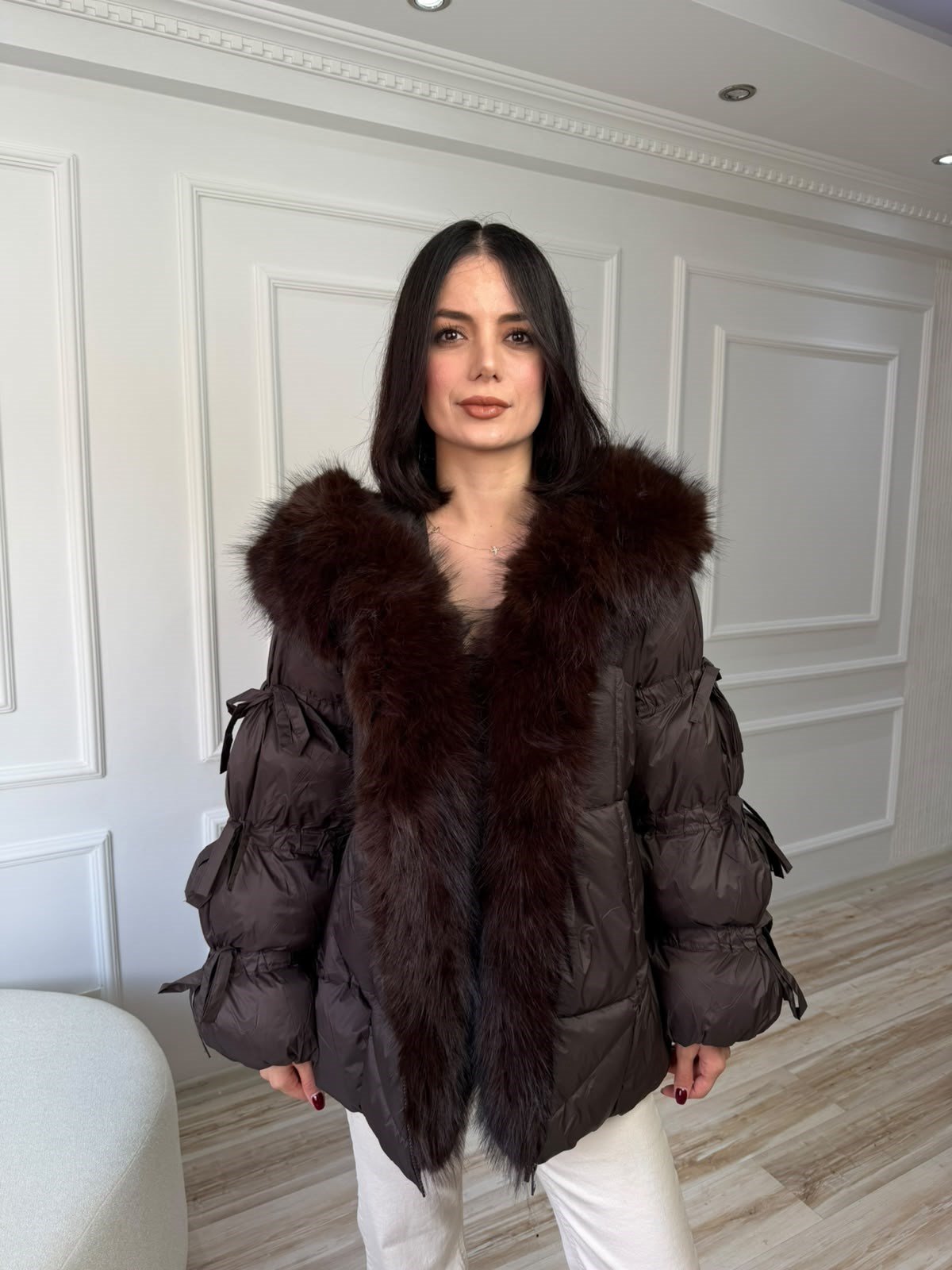 Kürk Yaka Bağlama Detaylı Şişme Mont - KAHVE