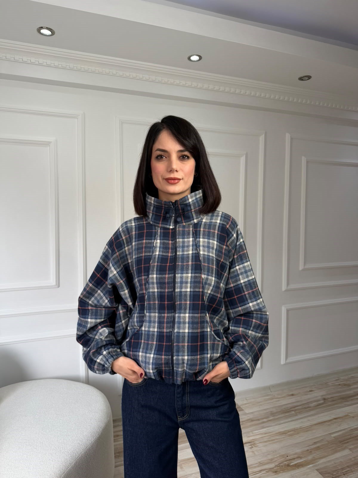Ekose Desenli Dik Yaka Reglan Ceket - LACİ