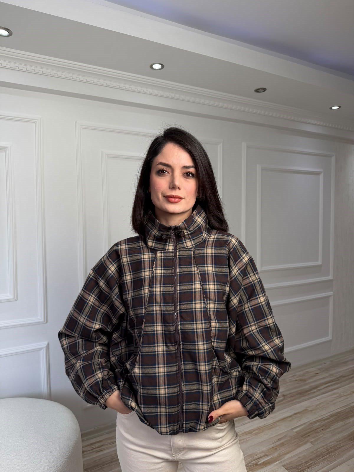 Ekose Desenli Dik Yaka Reglan Ceket - KOYU KAHVE