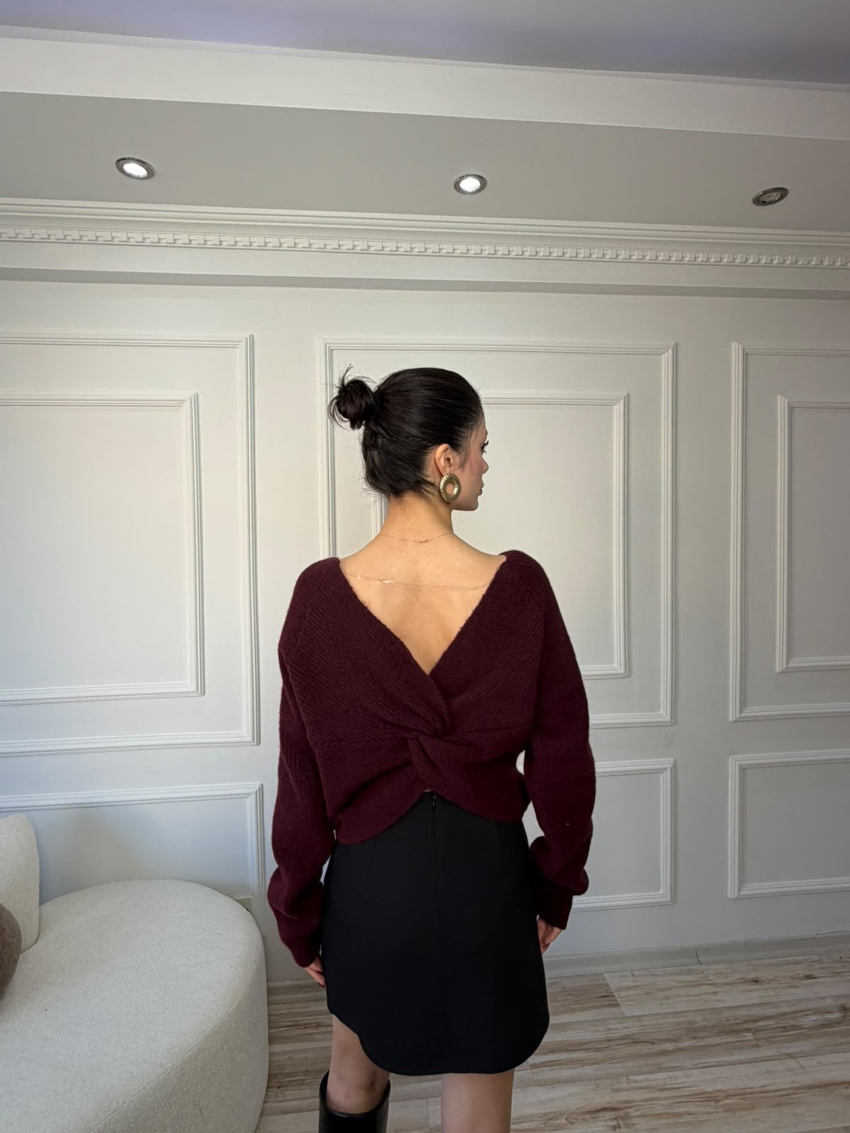 26-2KB0610 - 4896 NİSAN SIRT DÜĞÜM DETAYLI KAZAK - BORDO