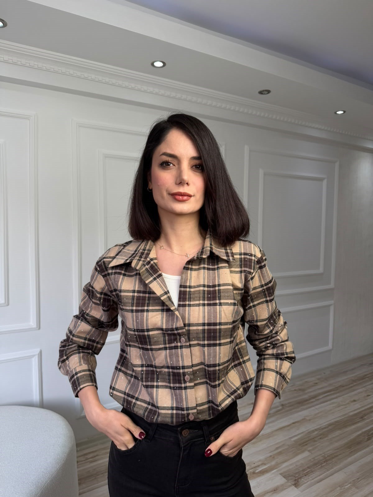 Taş Detaylı Ekose Gömlek - TAŞ