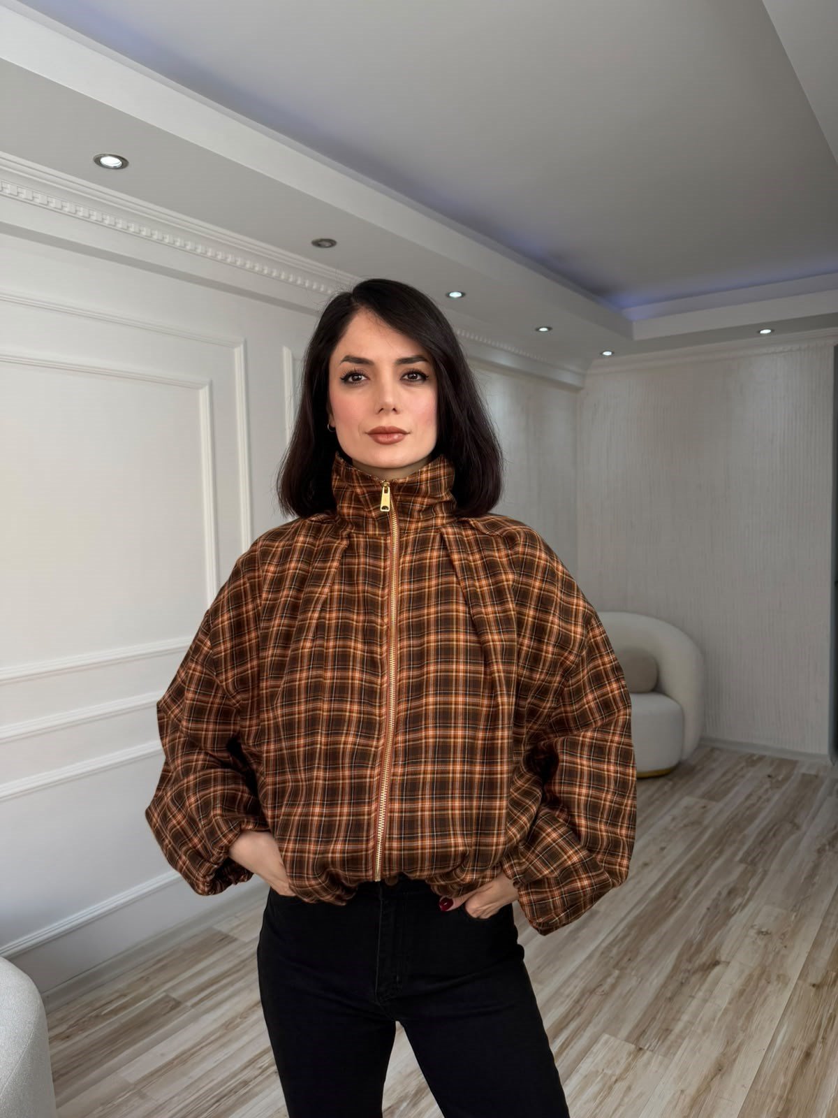 Ekose Desenli Fermuarlı Oversize Mont - KİREMİT