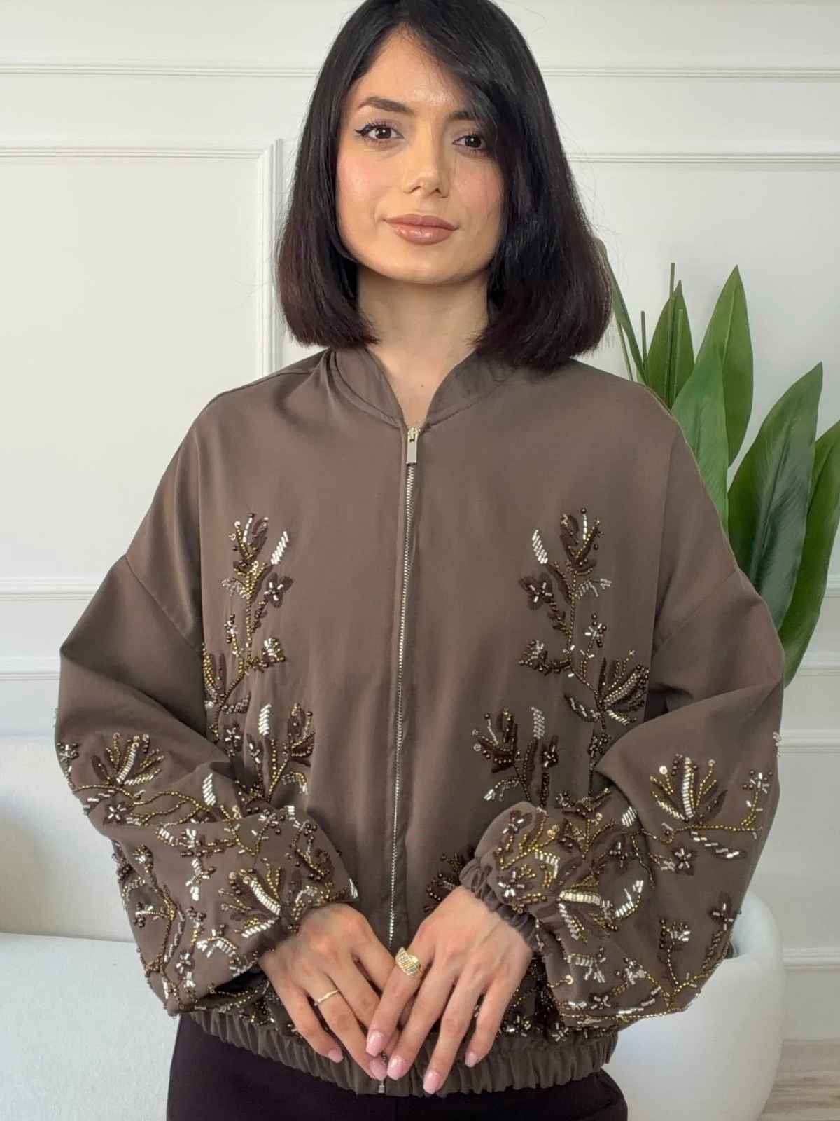 Taş İşlemeli Bomber Mont - KAHVE