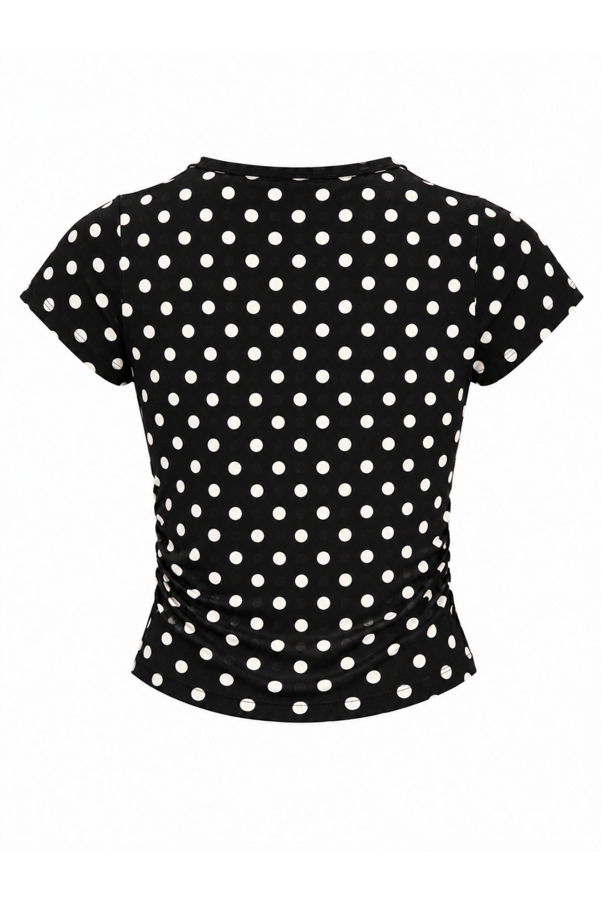 1004 Kadın Pamuklu Kare Yaka Puantiyeli Yan Büzgü Detaylı Crop T-Shirt Bluz Siyah · 3